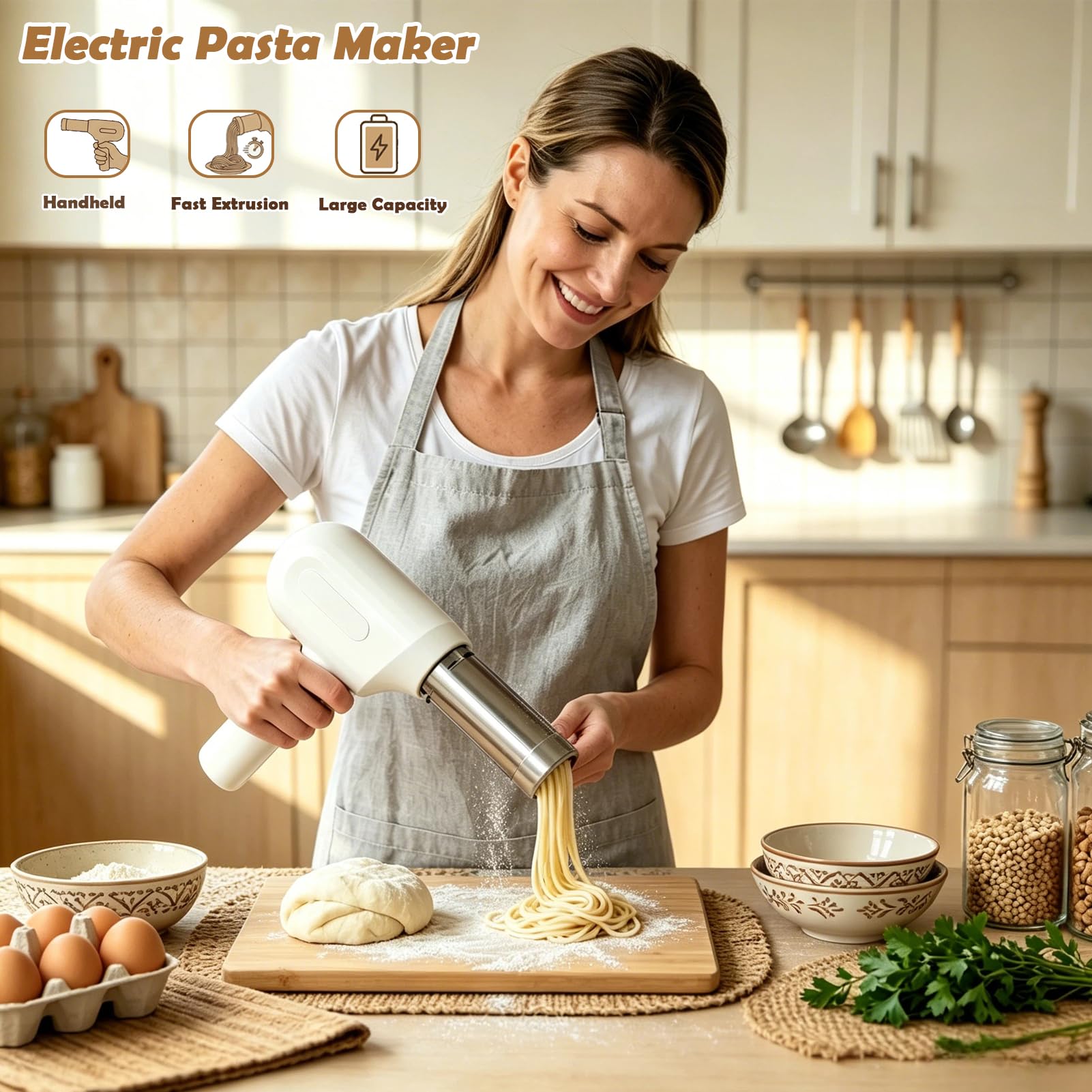 Condition photo showing New/Like New for electric pasta maker machine, handheld electric pasta maker 5 types molds | cordless automatic noodle machine for homemade noodles, spaghetti, fettuccine, with 3 types of enema filling nozzles