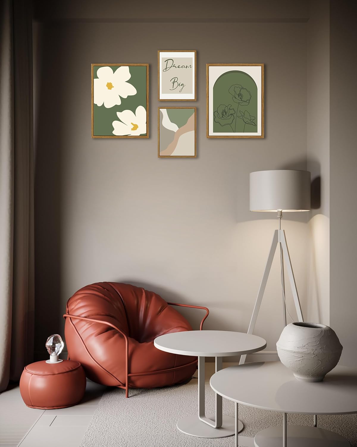 NIKICEE Green Boho Wall Art Set of 4, Minimalist Framed Wall Art Beige Green Canvas Artwork Paintings, Abstract Botanical Boho Room Decor, Office, Living room