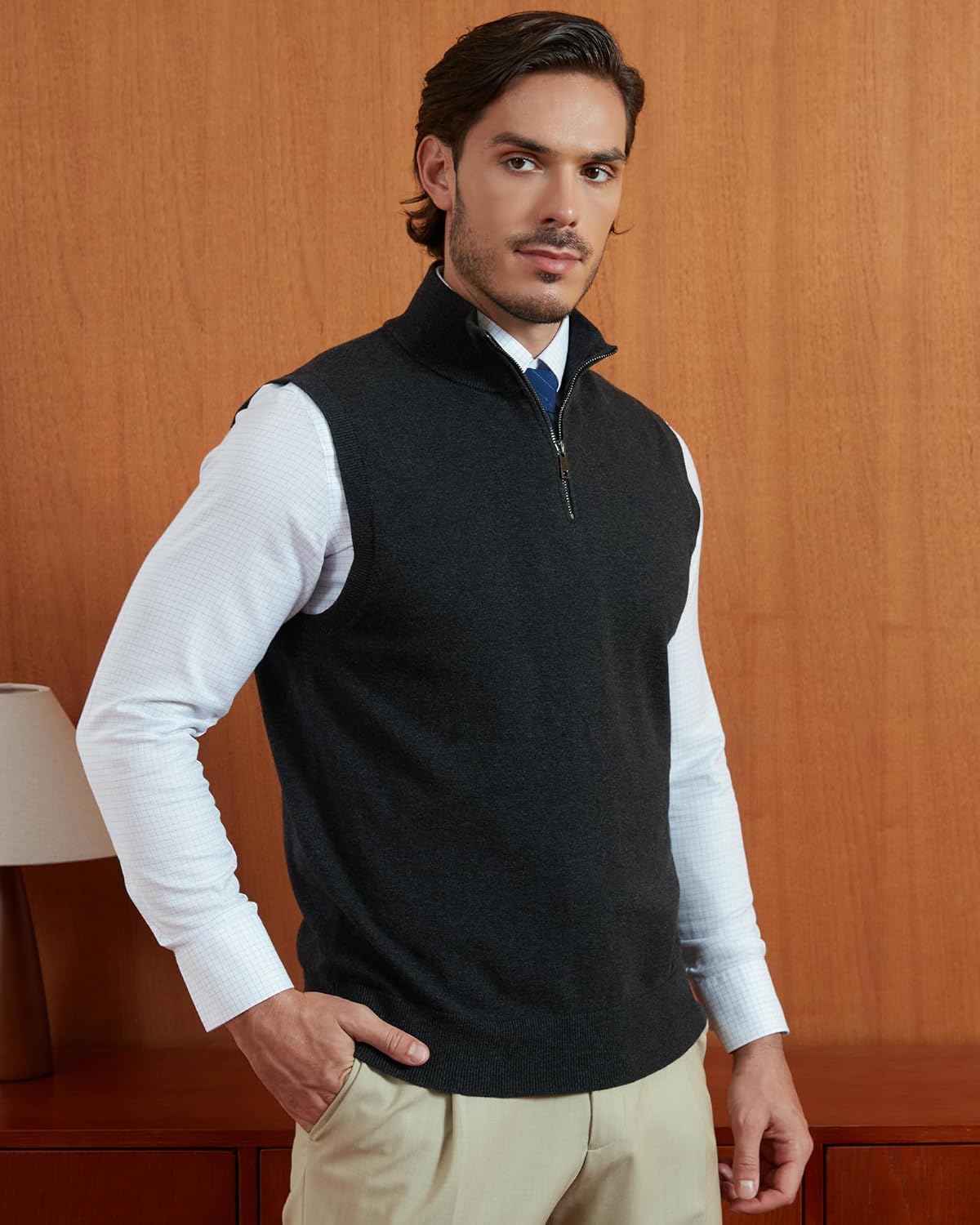 Kallspin Men’s Pure Cotton Quarter Zipper Sweater Vest V-Neck Lightweight Sleeveless Knitted Pullover - Image 6