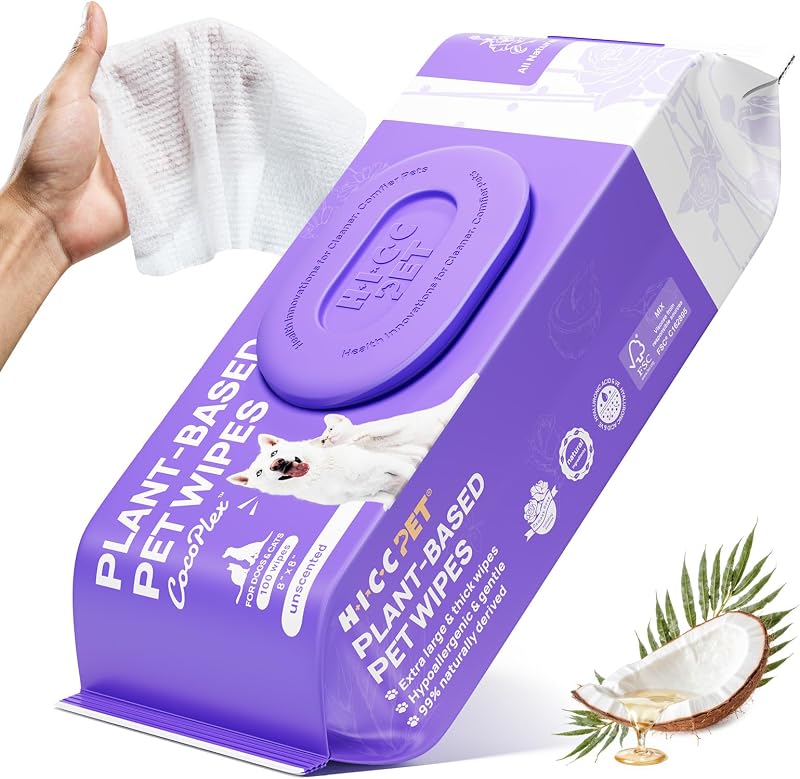HICC PET Pet Cleaning Wipes for Dogs & Cats, Paws & Coat, 100 Count | Pearl-textured, with fermented coconut oil and Damask rose, for face and rear-end cleaning after walks or between baths