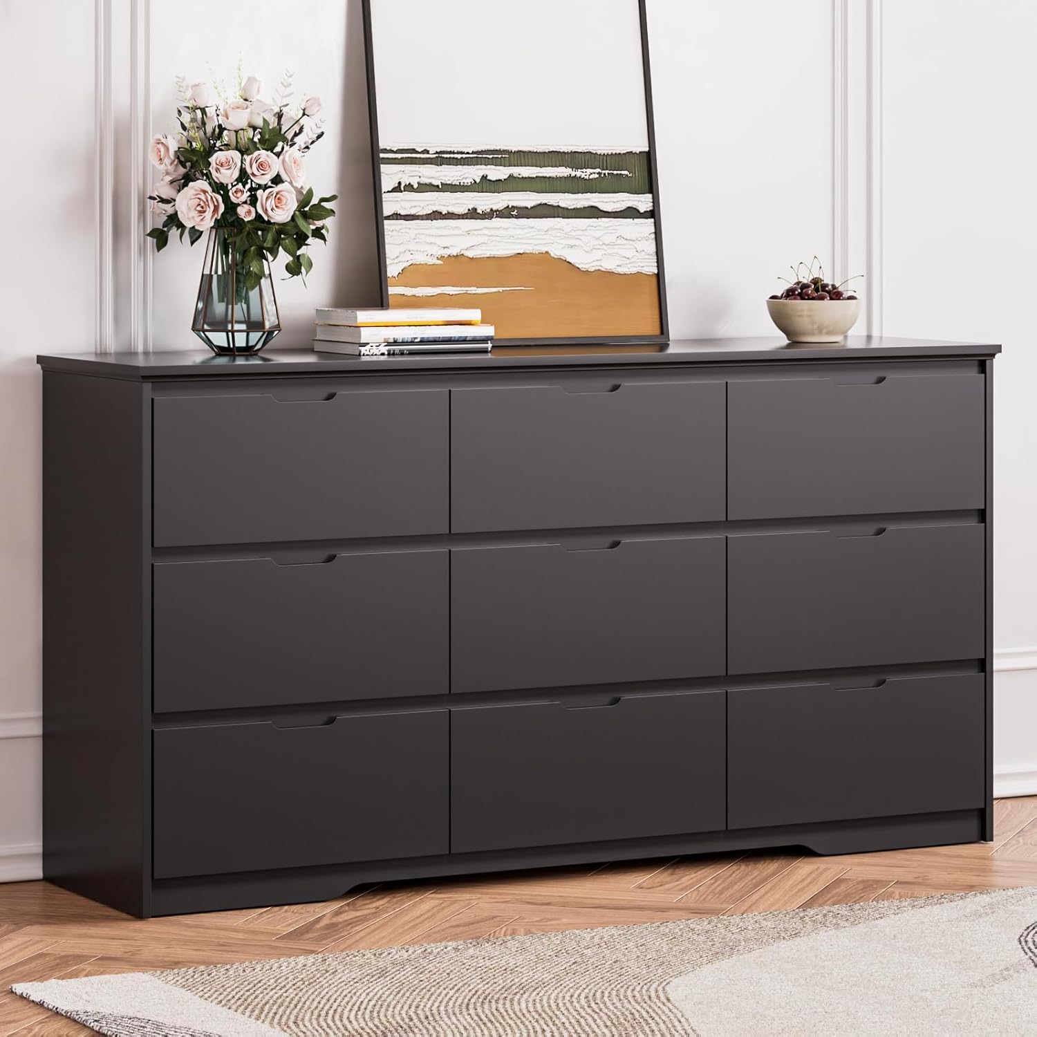 Black Dresser for Bedroom with 9 Drawer, 59" Large Wood Dresser with Hidden Handle, Modern Chest of Deep Drawers for Living Room, Home Office, Entryway