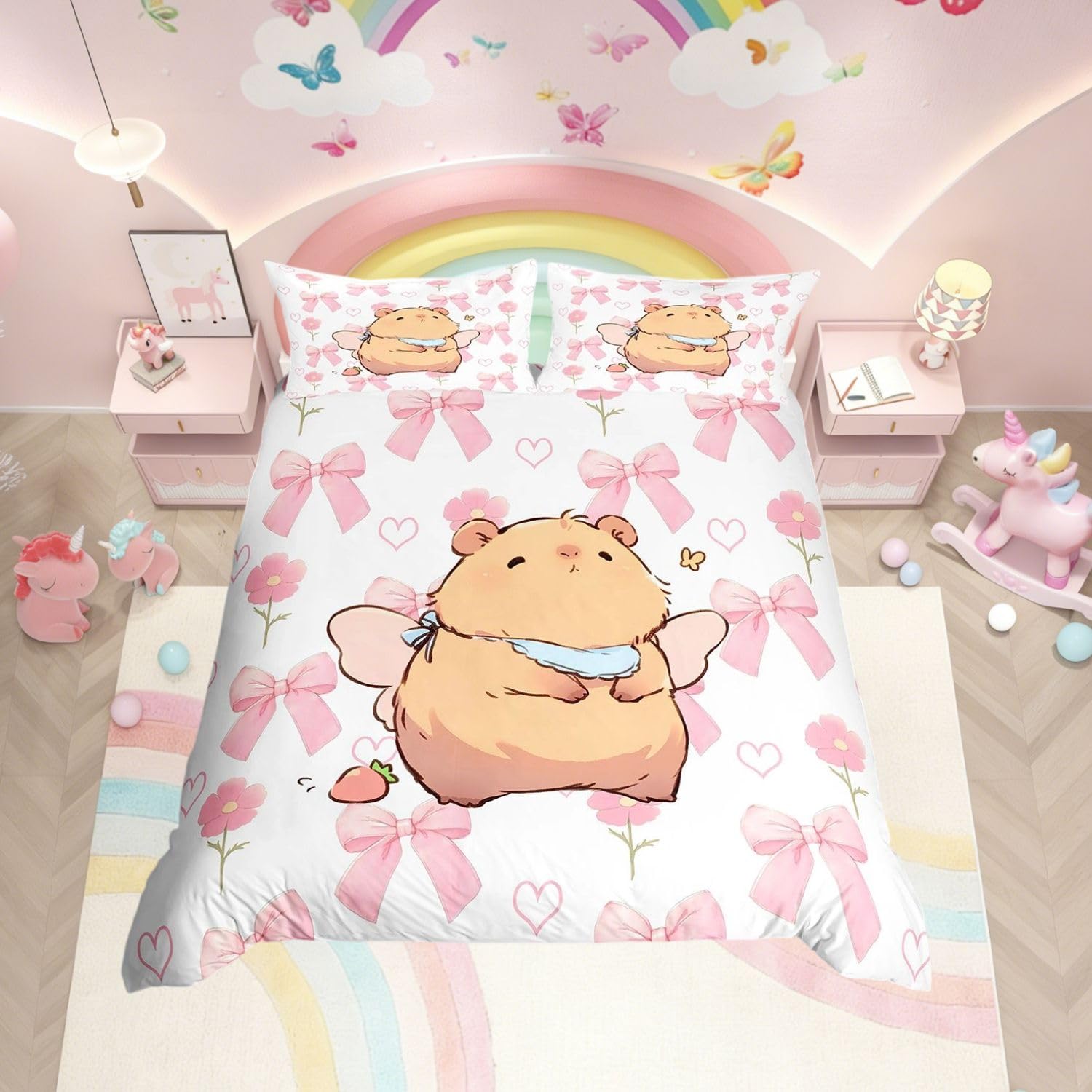 Homewish Capybara Duvet Cover King Princess Style for Kids Girls Teens - Cute Pink Bow Bedding Set with 2 Pillowcases - Kawaii Bowknot Flowers Quilt Cover Cartoon Capybara Animal Bed Sets