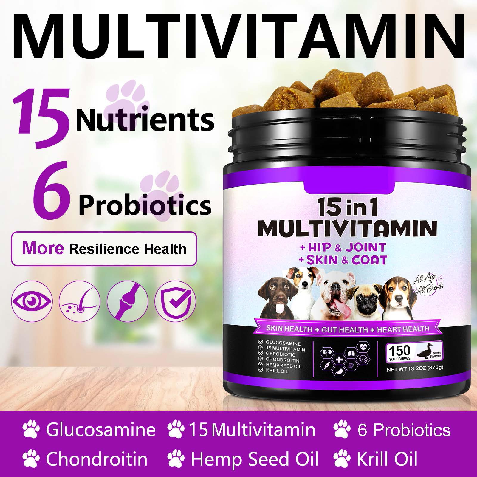 15 en 1 Golosinas Multivitamínicas, 150 Vitaminas Masticables para Perros, Suplementos de Cadera y Articulación, Sistema Inmunológico, Piel y Abrigo, Todas Las Edades y Razas, Sabor a Pato