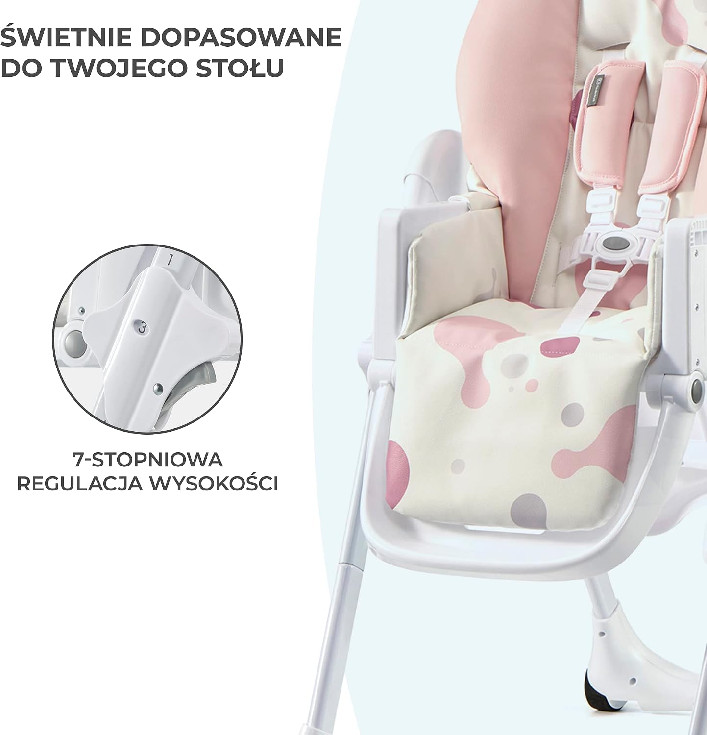 Kinderkraft Krzesełko do karmienia YUMMY, Krzesło, Zdejmowana tacka, Regulacja wysokości, Regulowane oparcie i podnóżek, Proste składanie, Łatwy w czyszczeniu, Kółka ułatwiające transport