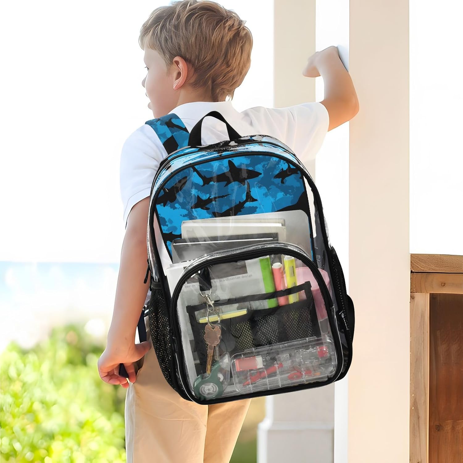 Shark Silhouette Blue Black Clear Backpack Heavy Duty See Through Transparent PVC BookBag for Kids Boy Girl Adult School Work