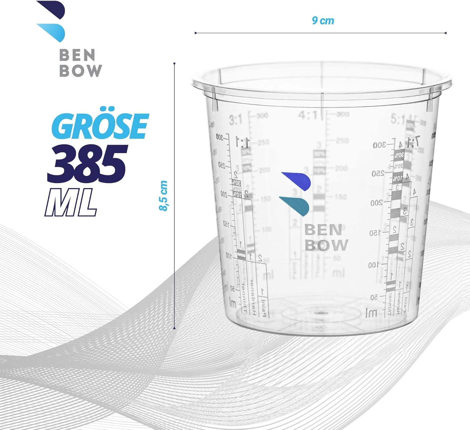 BenBow Profi-Messbecher 100x 385ml mit 12x Deckel mit vielfältiger Skalierung - Becher mit Skala Mischbecher Lackmischbecher Meßbecher Lackbecher Einwegmischbecher