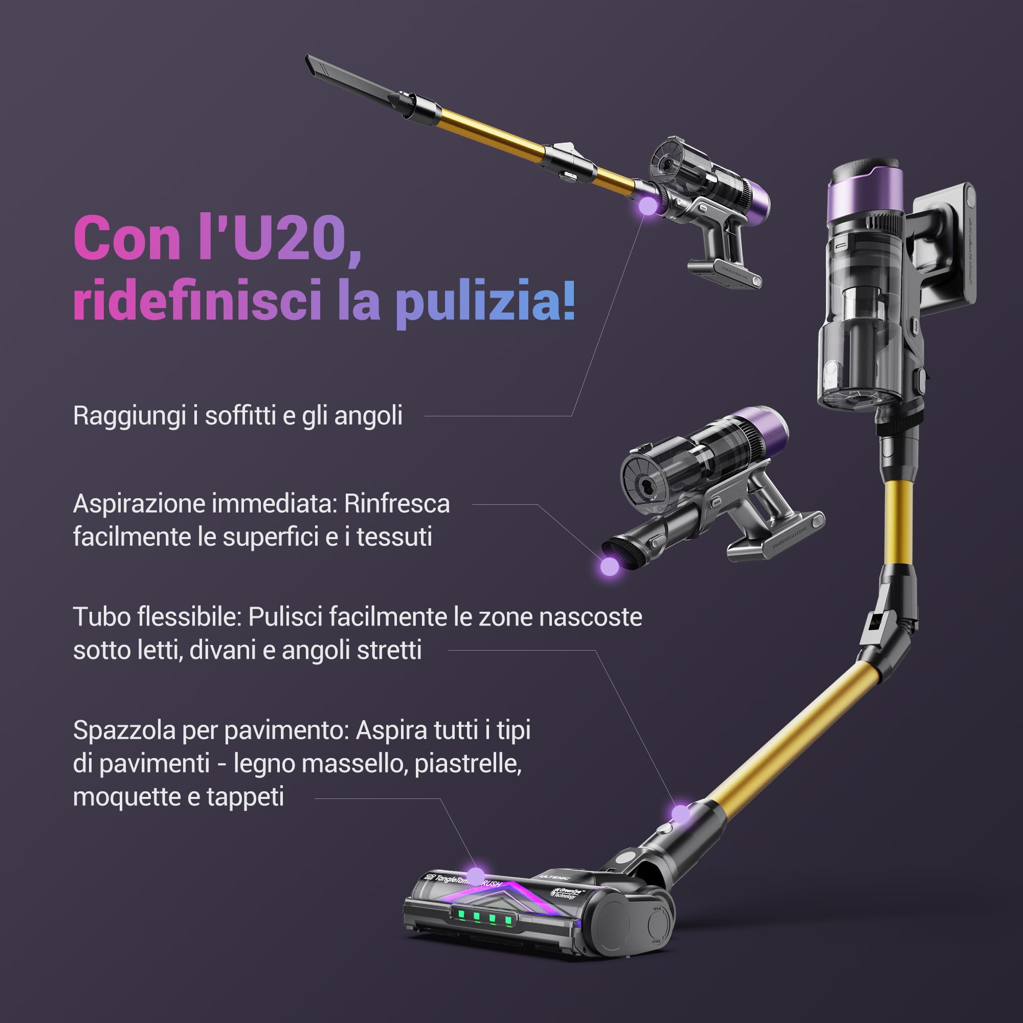 Ultenic Aspirapolvere Senza Fili 55Kpa/60Min, Scopa Elettrica Senza Fili Potente con Tubo Pieghevole, Upgrade Spazzola Anti-Groviglio, Aspirapolvere Autoportante per Tappeti Pavimenti Peli Animali