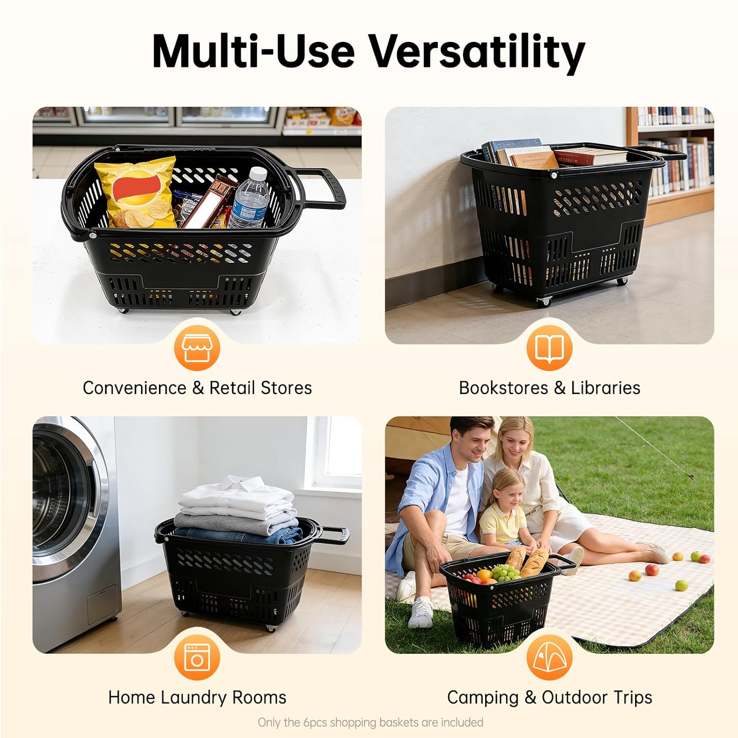 6Pcs Shopping Carts, 35L/9.2Gal Plastic Rolling Shopping Basket with Wheels Portable Shopping Basket Set with Handles Shopping Basket for Bookstores Supermarkets (Black)