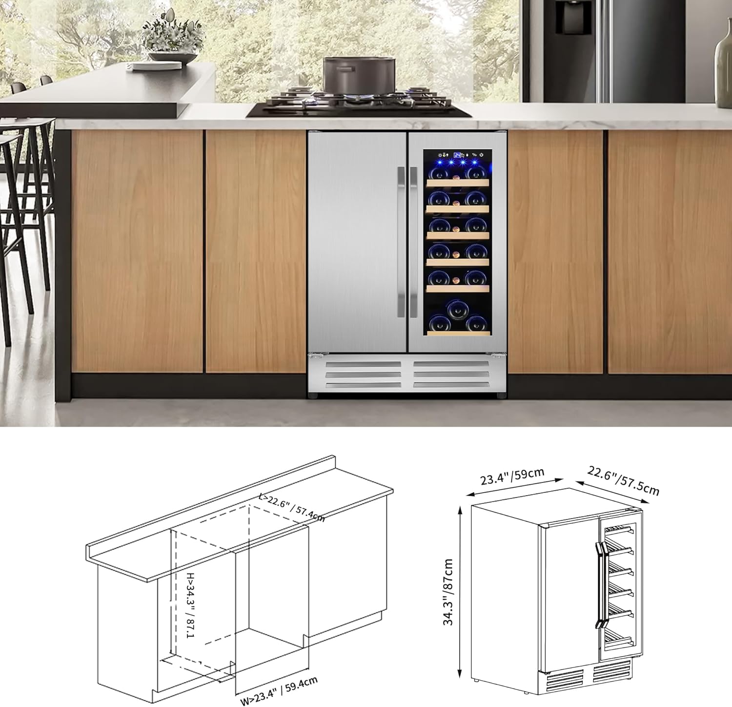 Wine and Beverage Refrigerator,24 Inch Dual Zone Wine Beverage Cooler, Built-in/Freestanding Beer and Wine Fridge with a Powerful Compressor, 20 Bottles and 88 Cans Capacity
