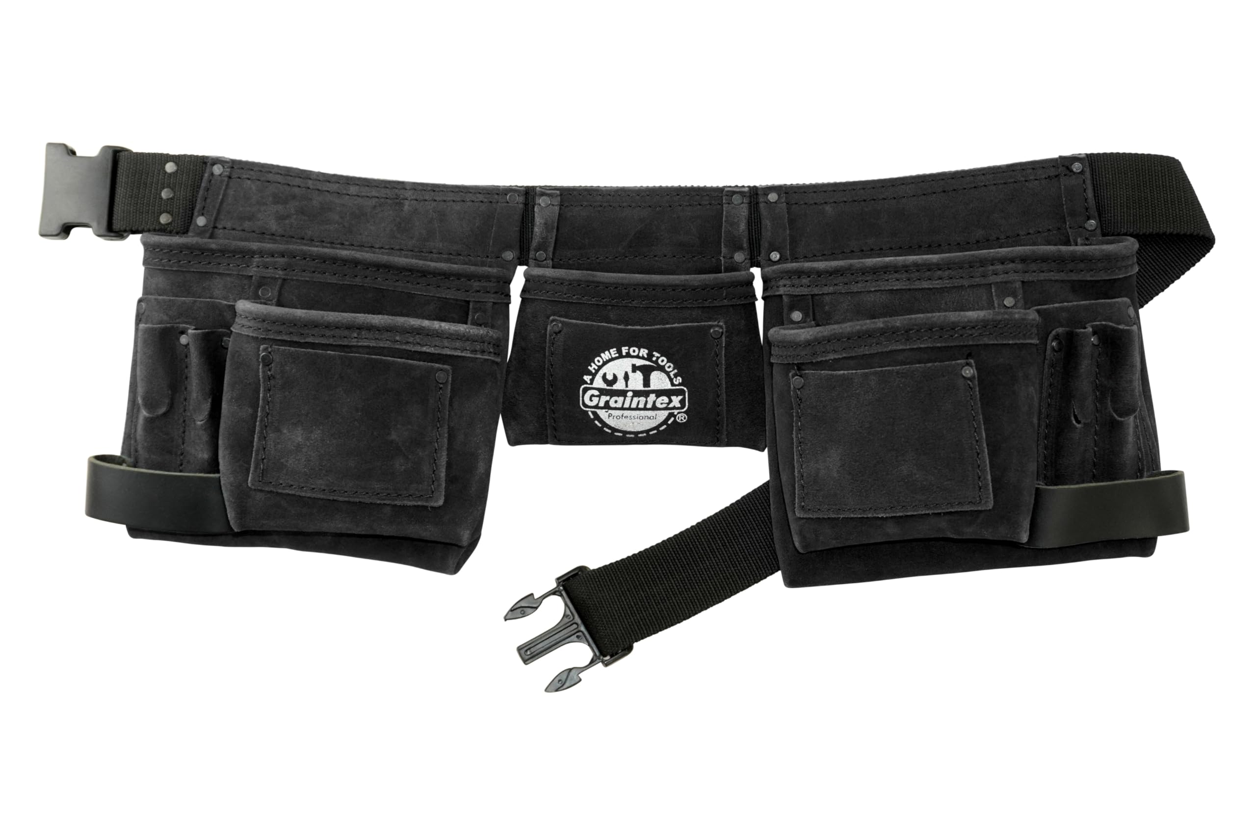 Graintex DS2312 - Cinturón de herramientas de 11 bolsillos, piel de ante de color negro con cinturón de cincha de 2 pulgadas, 2 soportes para martillo para constructores, electricistas, fontaneros,