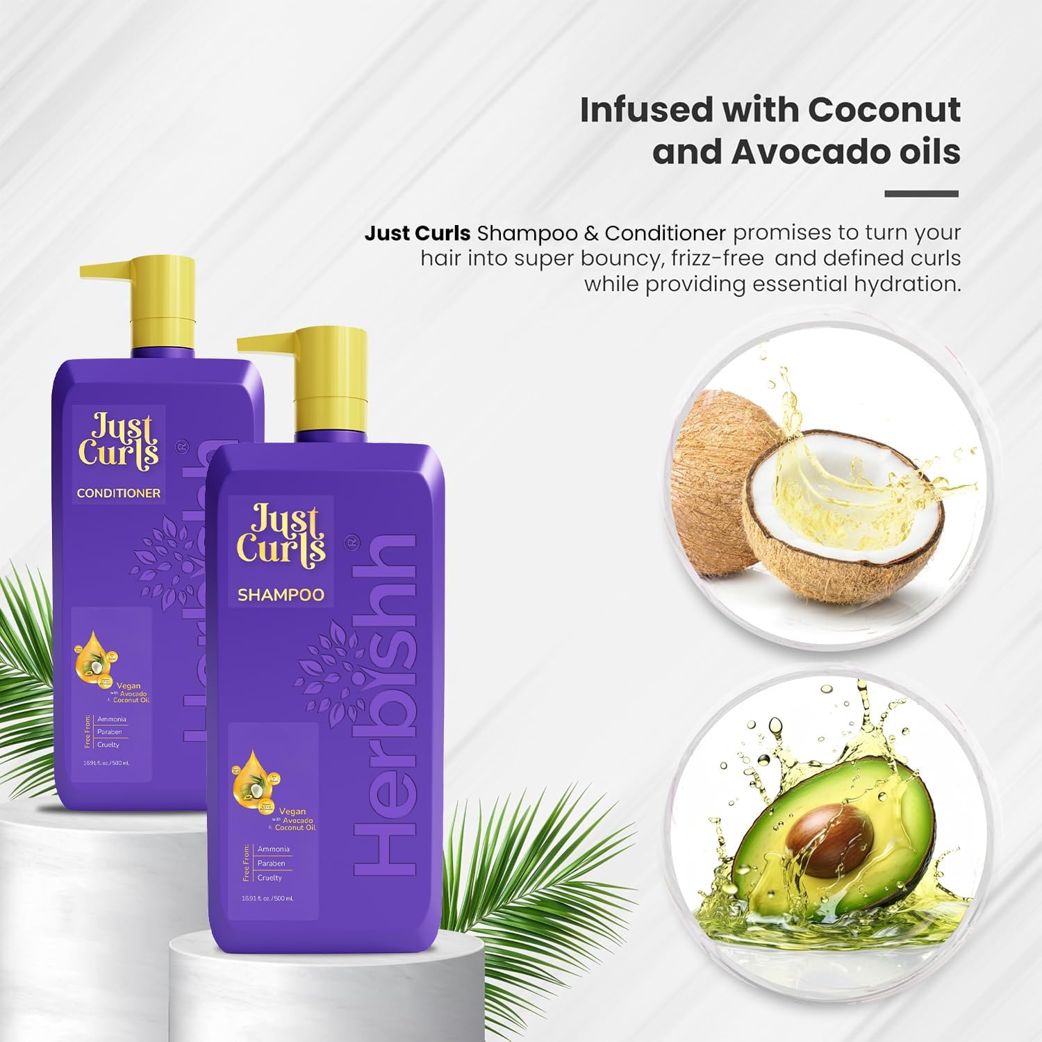 Herbishh Curly Hair Shampoo and Conditioner Set (16.91 oz Each) With Coconut & Avocado Oil for Wavy and Coily, Haircare for Women & Men, Curly Hair Products for Frizz Control, Vegan and Paraben Free - Image 3