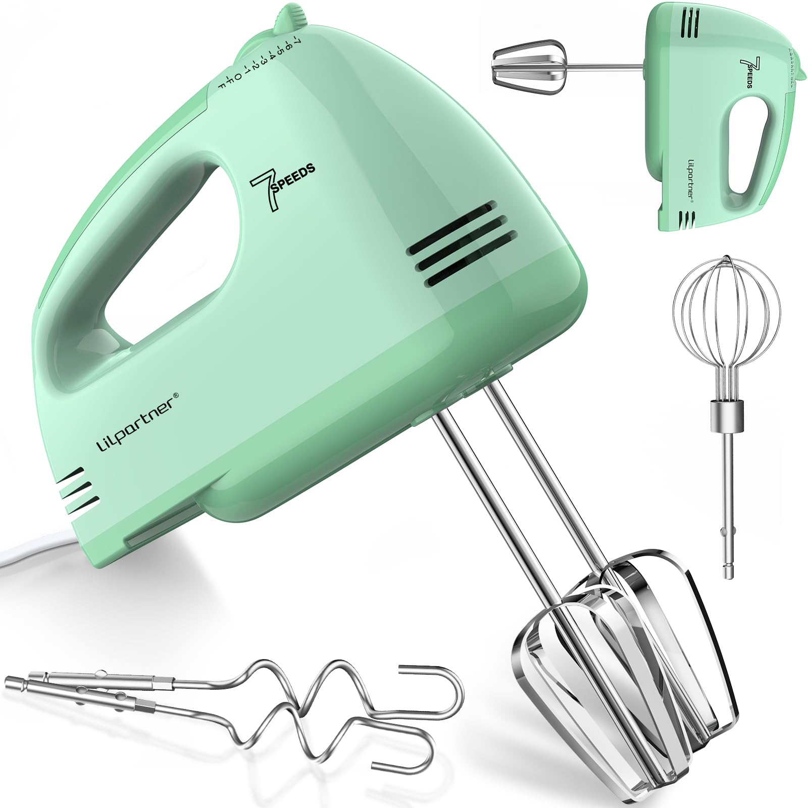 LILPARTNER Hand Mixer Electric, Ultra Power Kitchen Hand Mixer With 7-Speed &amp; 5 Stainless Steel Accessories for Whipping Dough, Cream, Cake, Dishwasher Safe, Light Green
