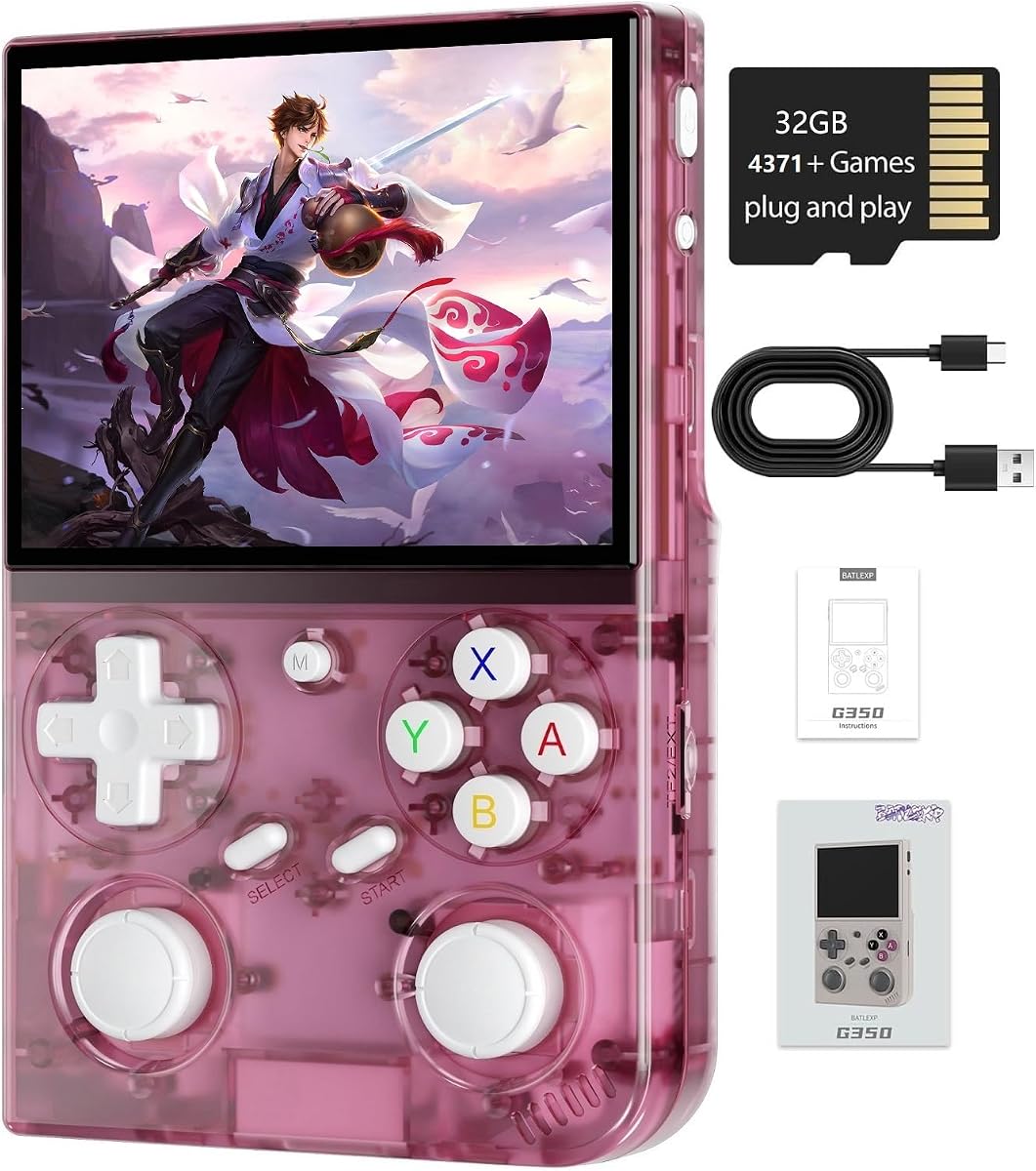 G350 Retro Handheld Game Console , 3.5 Inch IPS Screen Linux System 4371 Games Preloaded Handheld Game Console 3200mAh Battery(Transparent Pink)