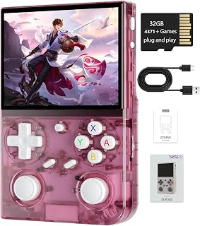 G350 Retro Handheld Game Console , 3.5 Inch IPS Screen Linux System 4371 Games Preloaded Handheld Game Console 3200mAh Battery(Transparent Pink)