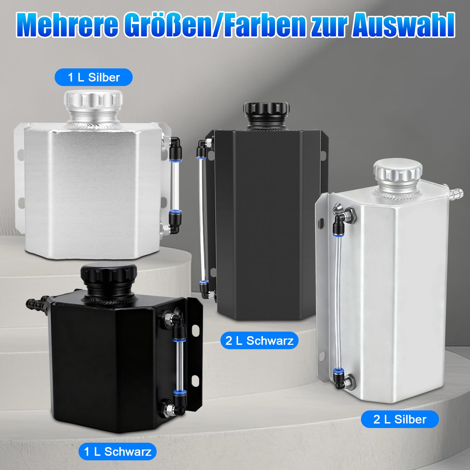 1L Aluminium Ausgleichsbehälter Kühlmittel Überlaufbehälter – Universeller Kühler-Wasserkasten, Mit Magnet-Ablassventil, Sichtschlauch & Hochtemperaturbeständiger, Ideal für Fahrzeugtuning