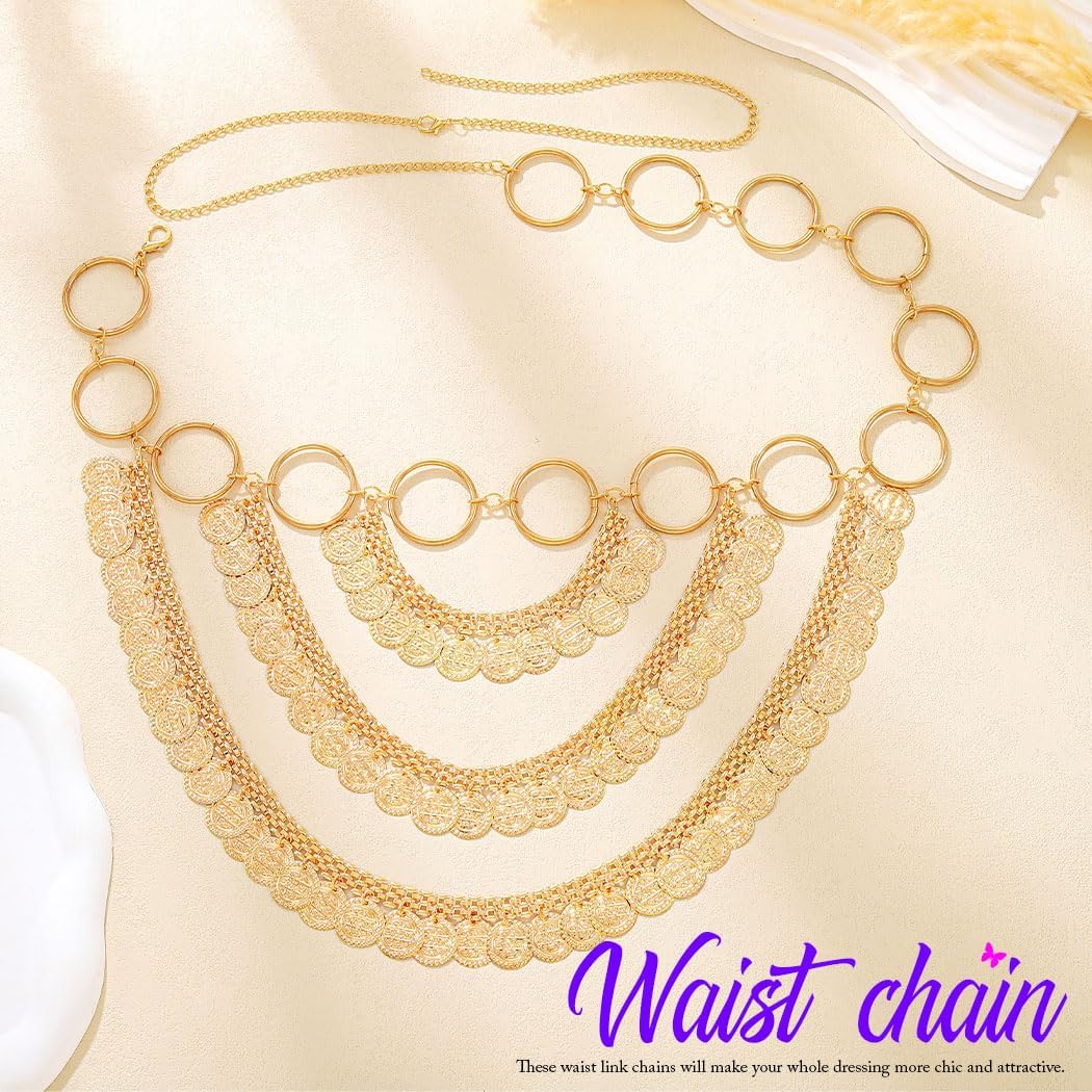 REETAN Gold Coin Waist Chain Belt Rave Fashion Layered Body Accessories for Women