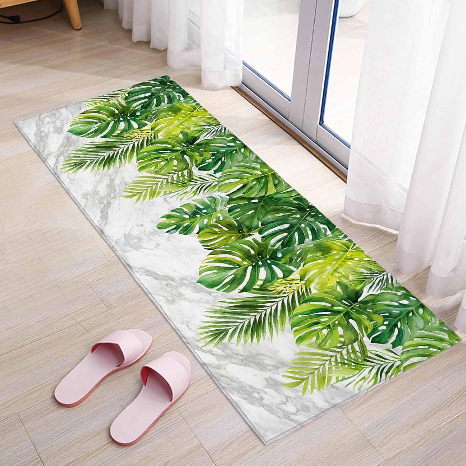 Teamery Kitchen Mats for Floor Watercolor Green Palm Leaves Gray Marble Washable Non Slip Kitchen Rugs 1PCS, Summer Foliage Absorbent Standing Mats for Sink Bathroom Office Living Room 23.6x70.9in