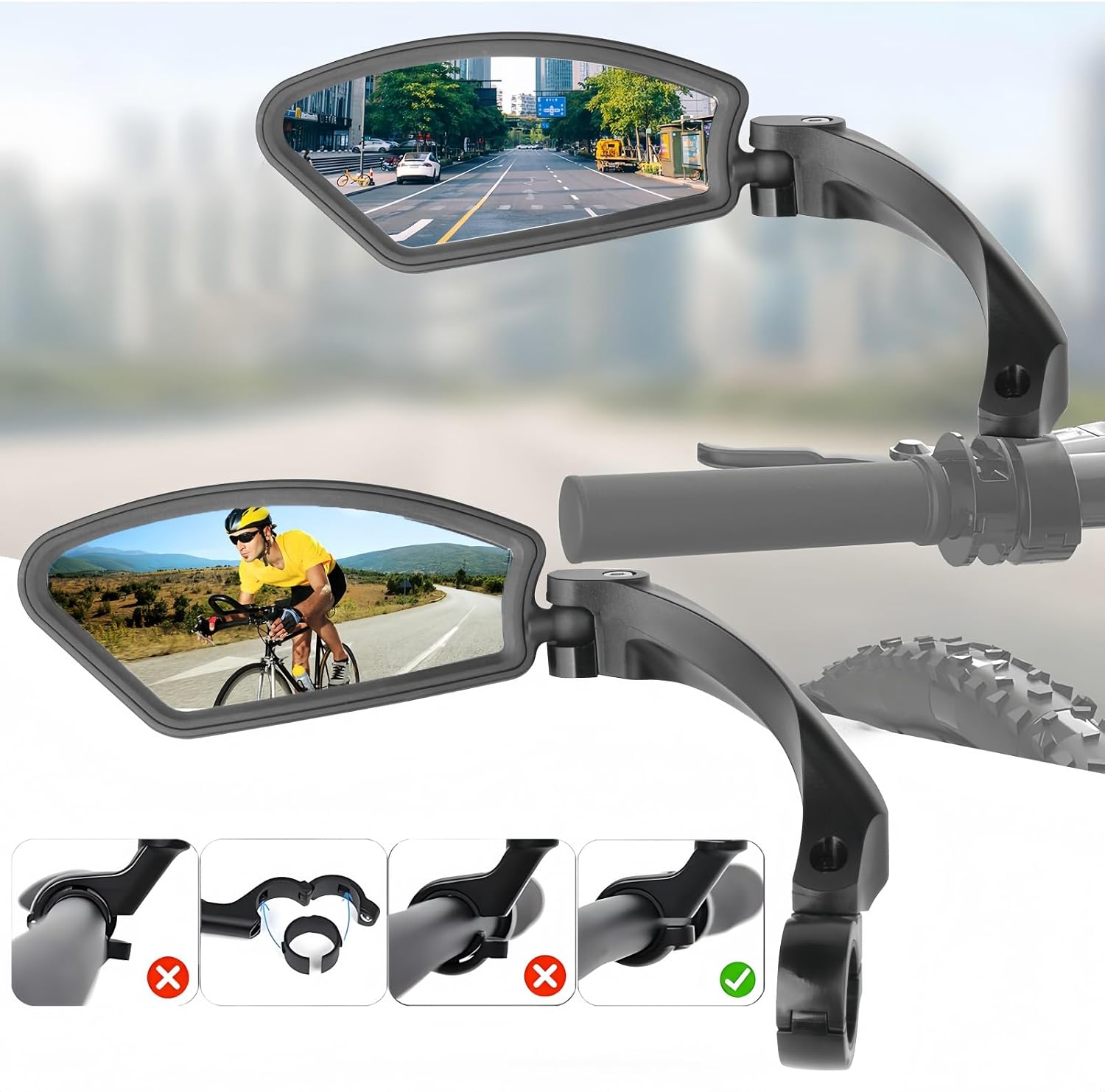 2 Pcs Bike Mirror, Adjustable Bicycle Mirrors for Handlebars with 360° Rotation, Shatterproof Scratch Resistant HD Glass Lens Bike Mirrors, Universal Fit for Mountain Bikes Road E-Bikes