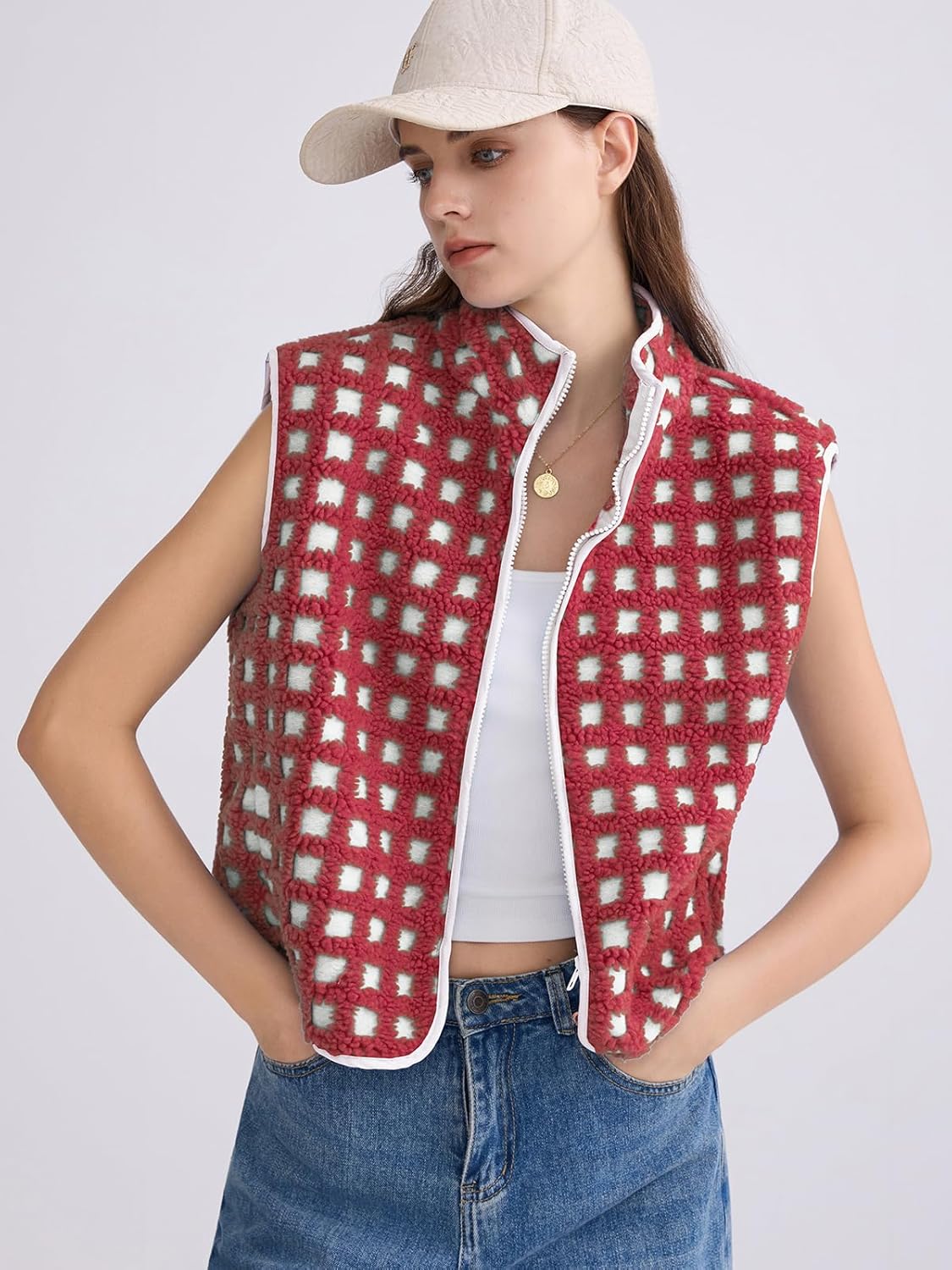 Women's Checkered Sherpa Vest Sleeveless Winter Fleece Jacket Zip Up High Neck Warm Plaid Gilet with Pockets - Image 2