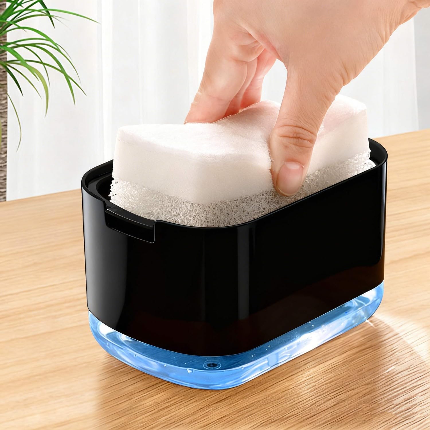 Dish Soap Dispenser and Sponge Support, Sink Soap Pump Dispenser, Liquid Soap Dispenser, Kitchen Detergent Press Box, Suitable for Kitchens, Bathrooms and Sinks (Black)