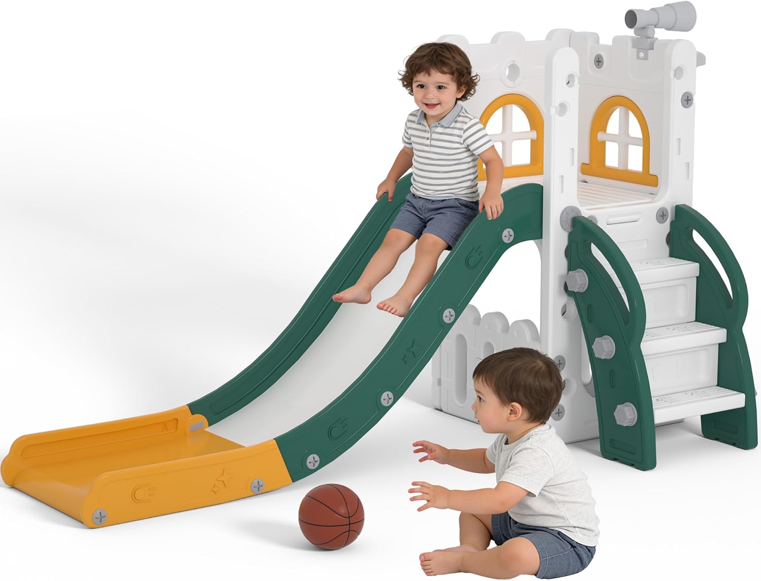 6 in 1 Toddler Slide Playset, Kids Indoor Outdoor Playground with Basketball Hoop,Storage and Telescope,Toddler Climber Slide Activity Center