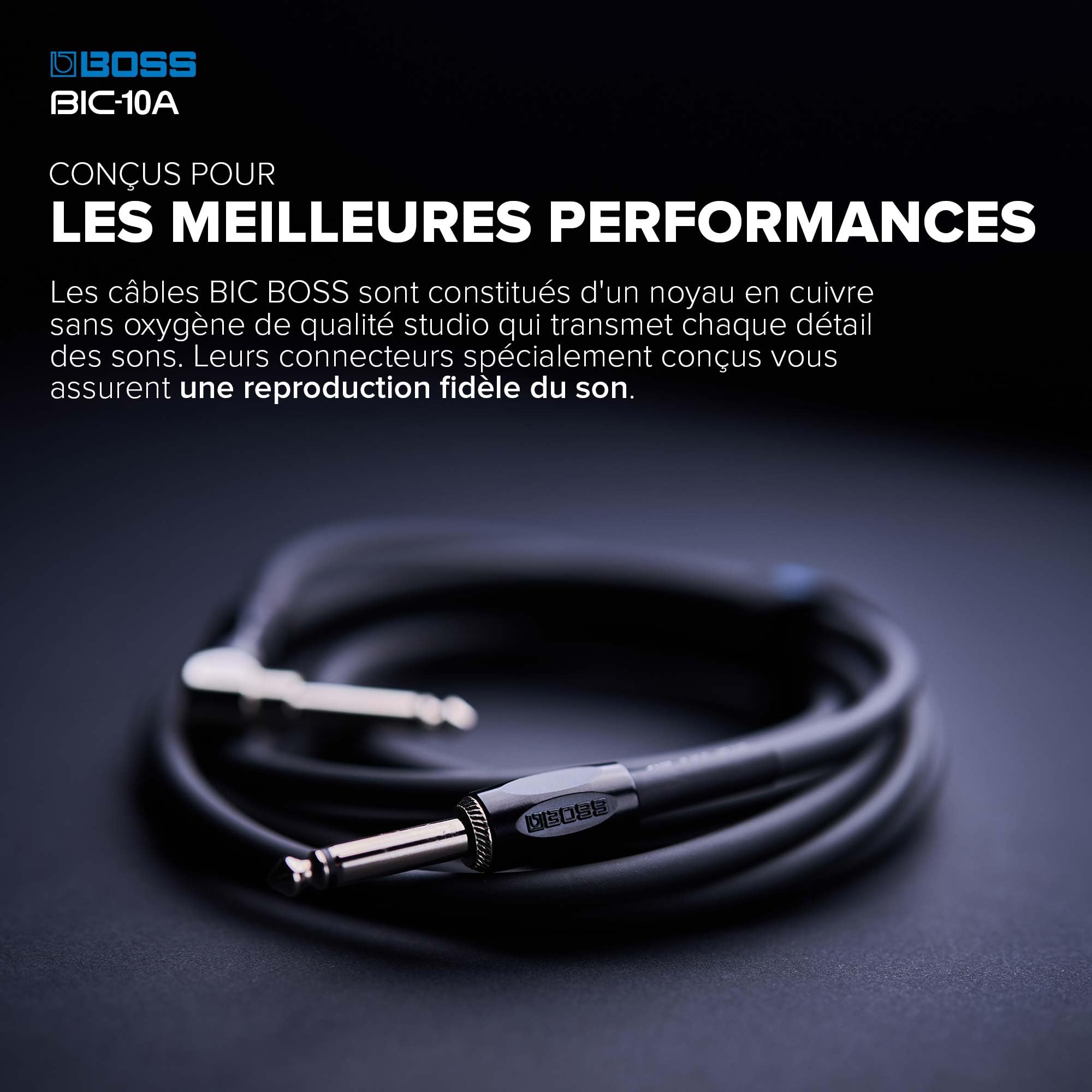 BOSS Gamme BIC-10A Câbles d'instrument | Connecteurs jack 1/4 de pouce droit vers coudé | Longueur 3 m | Câbles de haute qualité pour guitare, basse et autres | Silencieux et robustes | Bleu