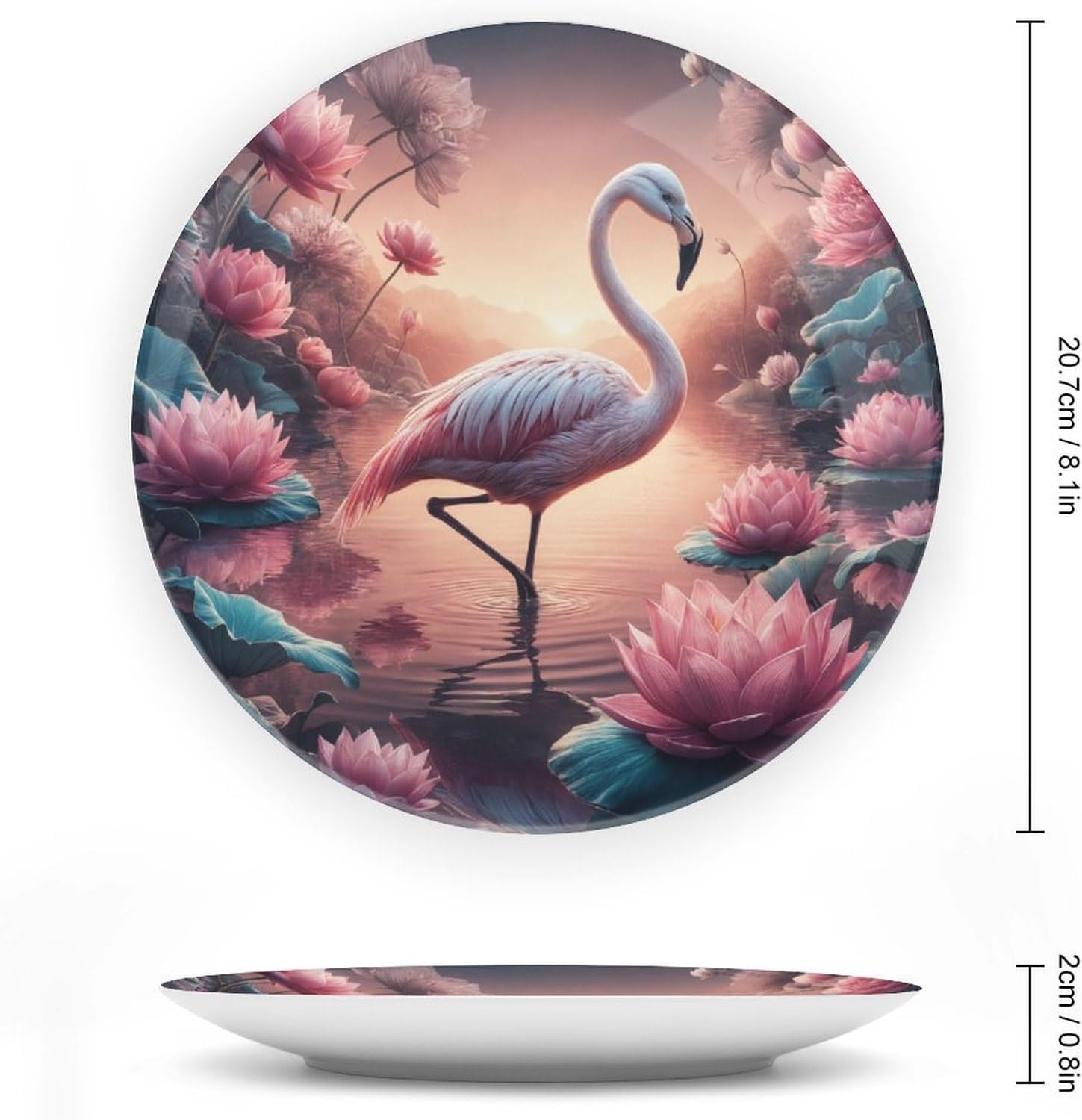 Beautiful Flamingo Standing in The Water Decorative Plates for Home Party, Fantasy Pink Lotus Decor Tray for Table Display, Ceramic Dinner Plate W/Stand, Summer Party Supplies, 8 Inch