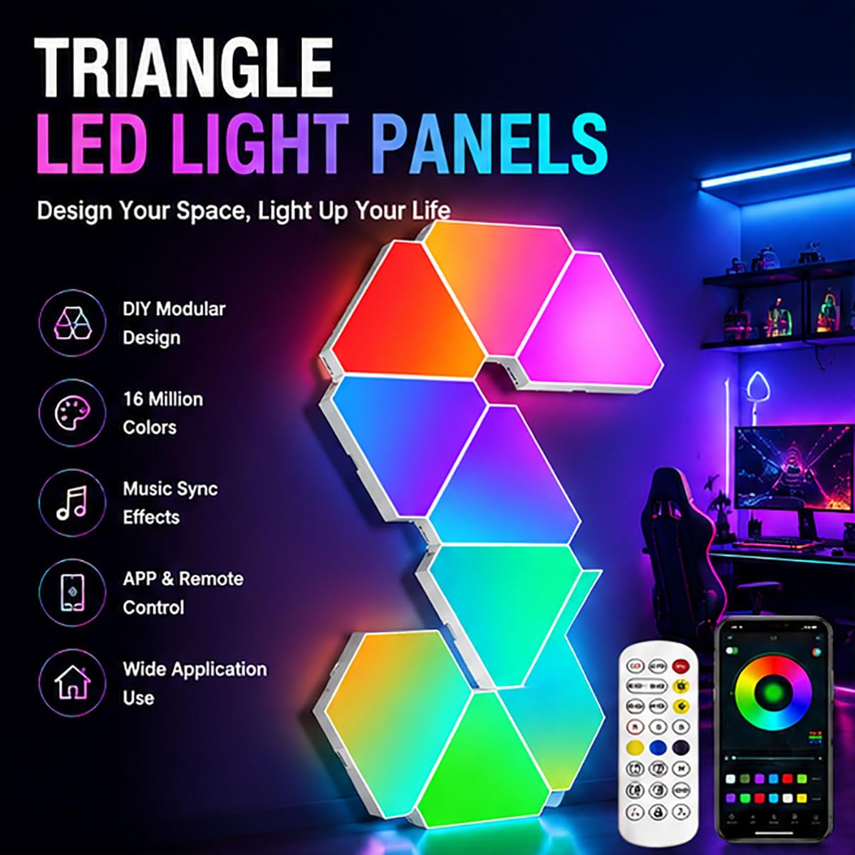 Trójkątne panele świetlne LED z synchronizacją muzyki i pilotem | Kinkiety do gier RGB, kontrola aplikacji, łączenie modułowe DIY, oświetlenie reagujące na dźwięk do wystroju(12PCS)