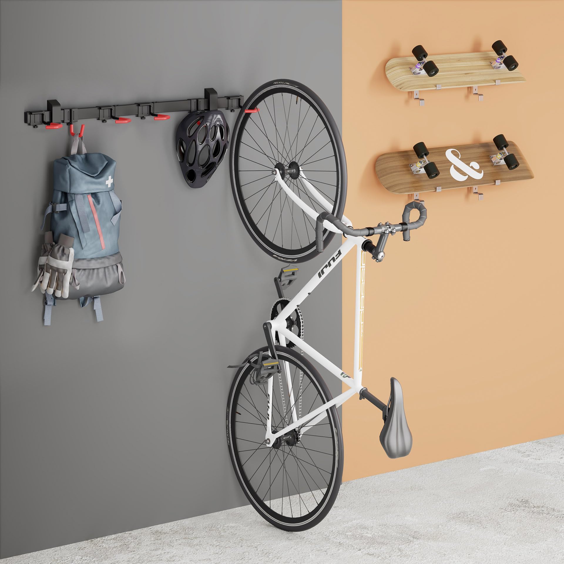 Mimoke Soporte de pared vertical para bicicleta | Adecuado para todas las bicicletas | Ganchos ajustables | Solución de organización para casa y garaje (para 4 bicicletas 2 ganchos para cascos)