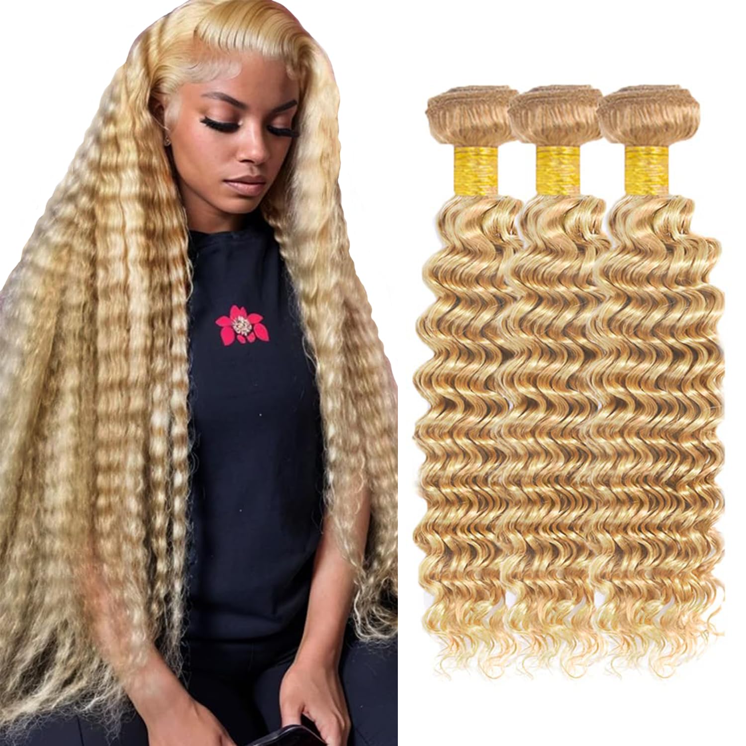 613 Deep Wave Bundles Blonde Human Hair Bundles P27/613 Human Hair Bundle 26 28 30 Inch Double Weft Brazilian 613 and 27 Deep Wave Bundle For Women
