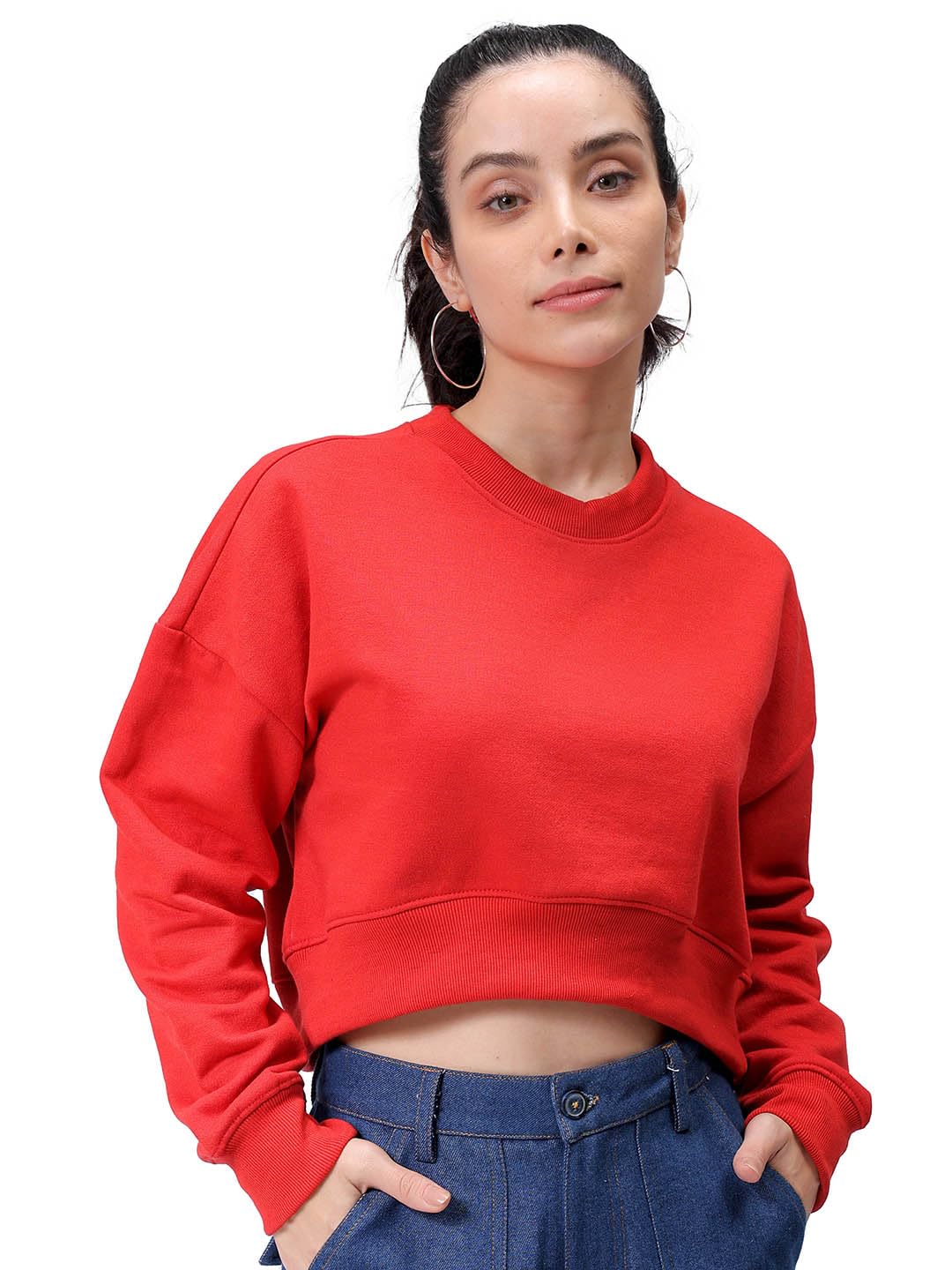 freehand by The Indian Garage Co Women Loose Fit Solid Cropped Sweatshirt-picture-14