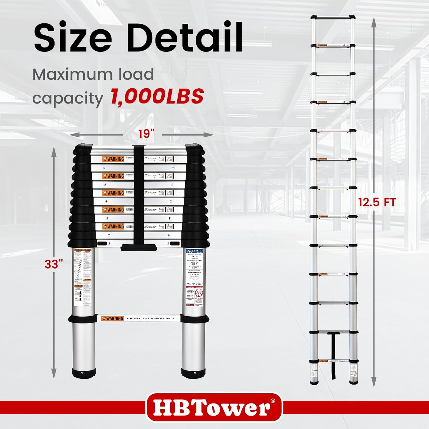 HBTower Telescoping Ladder, 12.5 FT Aluminum Extension Ladder 1000lbs Capacity, Heavy Duty Multi-Purpose Collapsible Ladder for RV, Household and Outdoor Working,Certified by ANSI
