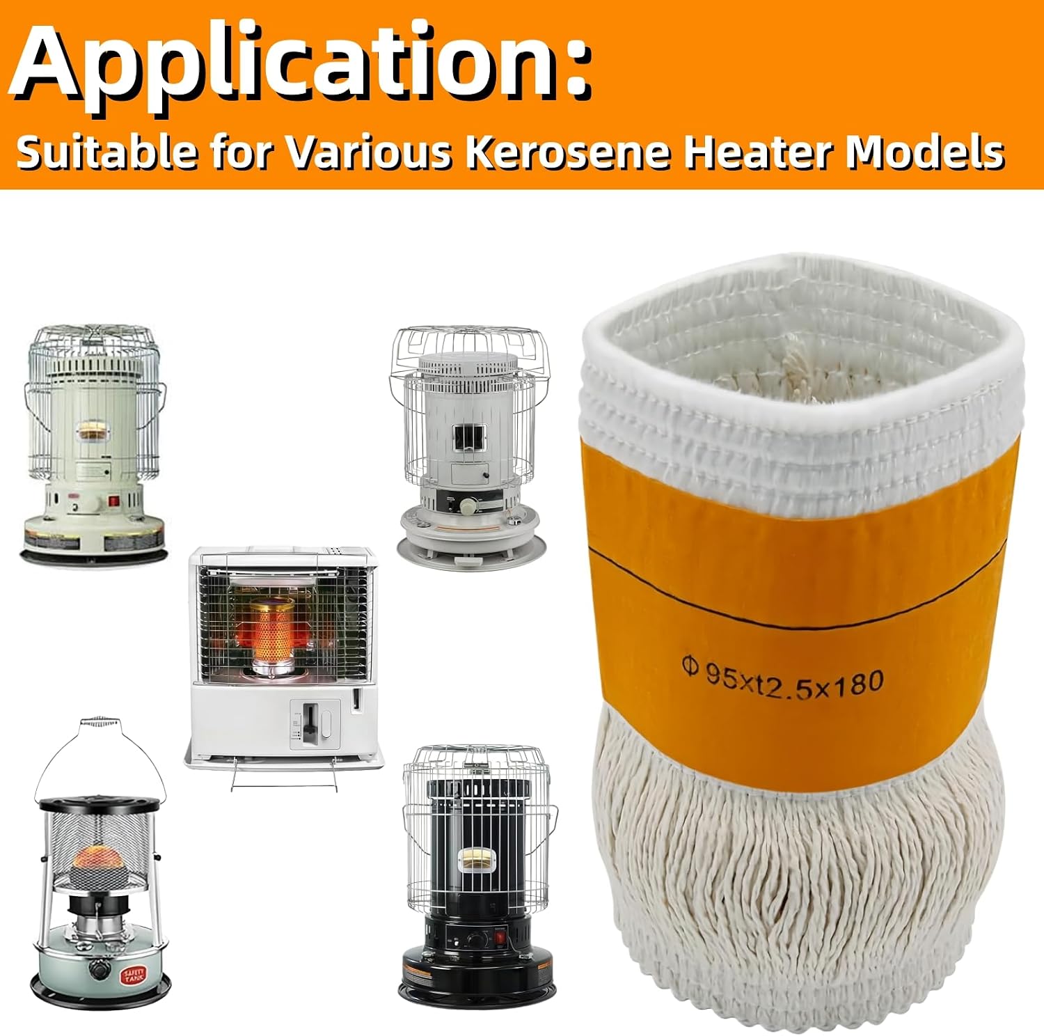 Kerosene Stove Wick Smokeless, Fiberglass Round Cotton Petroleum Heater Wick, 95xt2.5x180MM Kerosene Heater Replacement Wick for Indoor Outdoor Use, Fits Most Kerosene Heaters and Oil Lamps (2-Pack)