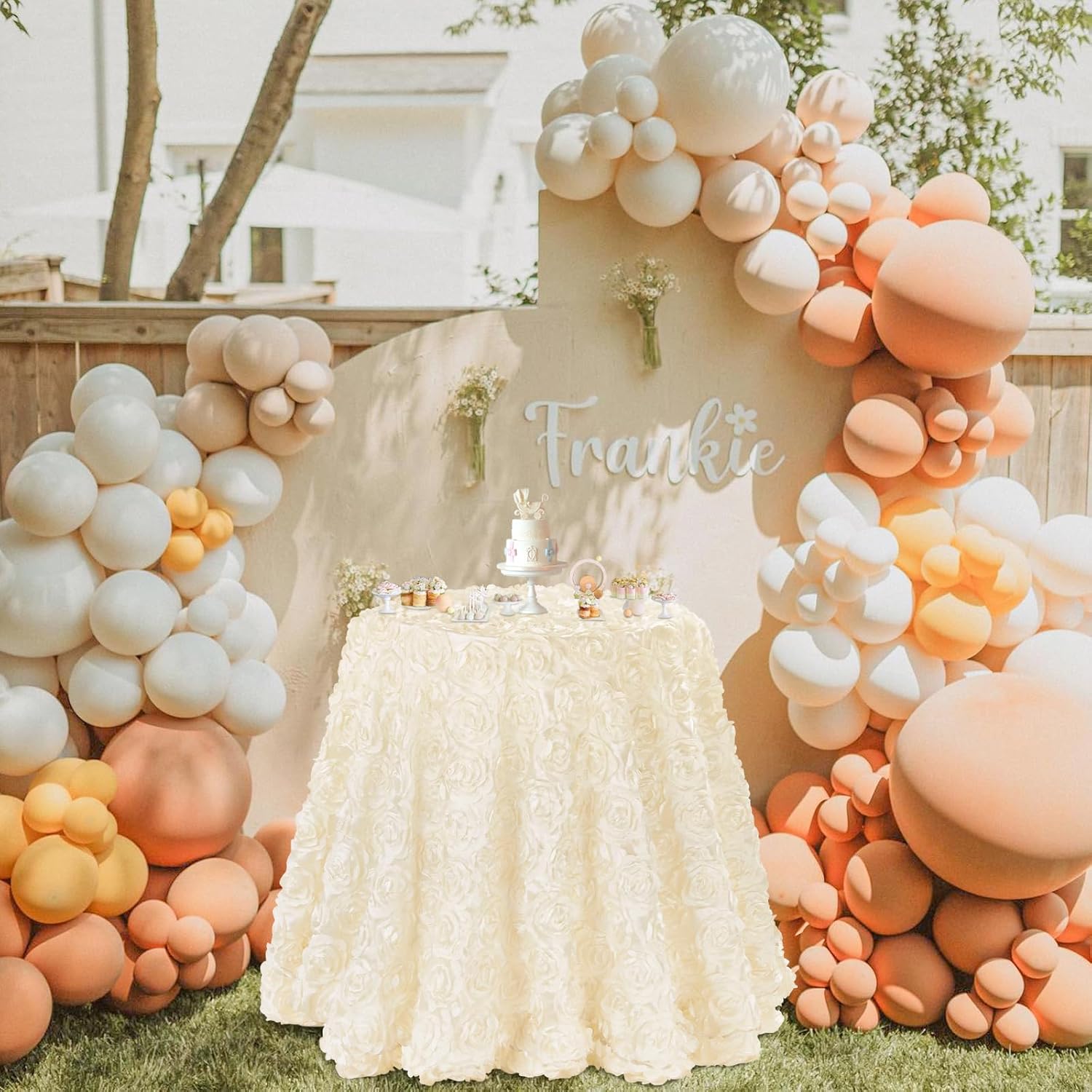 3D Satin Rosette Rectangle Tablecloth 90 x132 Inches Ivory Satin Raised Rosettes Tablecloth for Wedding Baby Shower Event Decoration