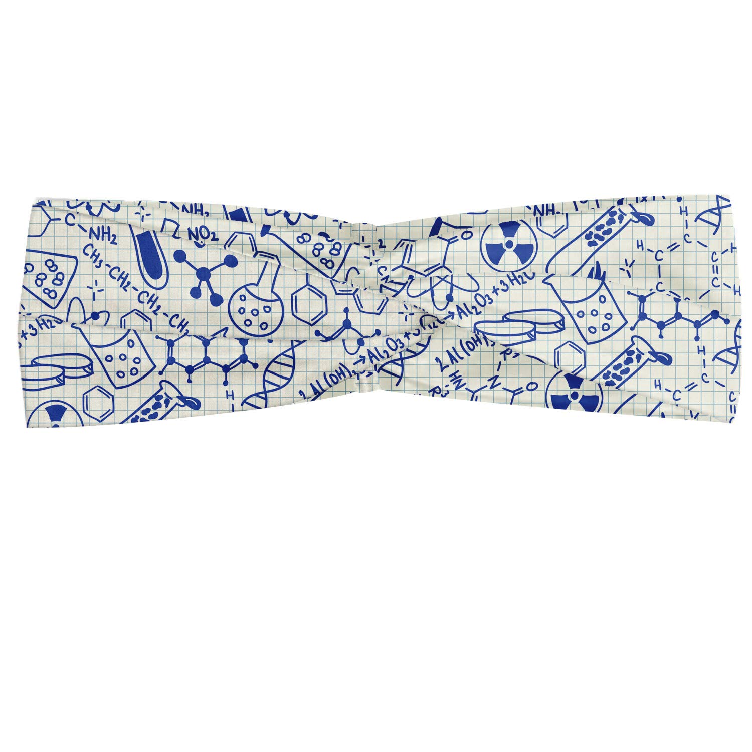 AmbesonneCartoon Headband for Women, Science Chemistry Geometry Math Nerd Geek and Genius Themed Design Art, Elastic Comfy Hair Accessory Knotted Head Wrap Everyday Use, XS-S, Blue and Ivory