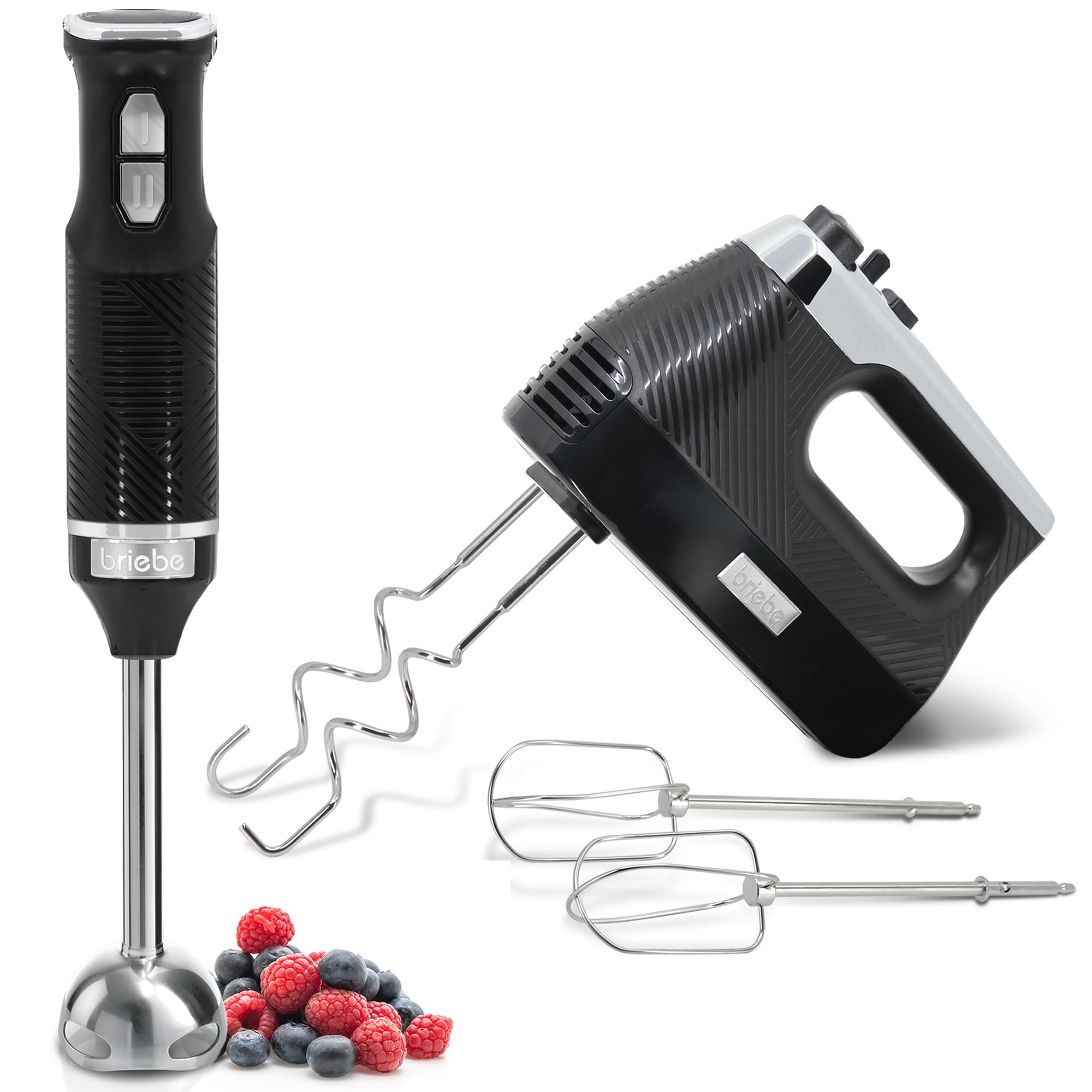 briebe Elegance Set Batidora de Mano 600W, 2 Velocidades Pie Desmontable Acero Inoxidable + Batidora de Varillas Eléctrica 400W, Amasadora de Mano Especial Repostería 5 Velocidades + Turbo (Negro)