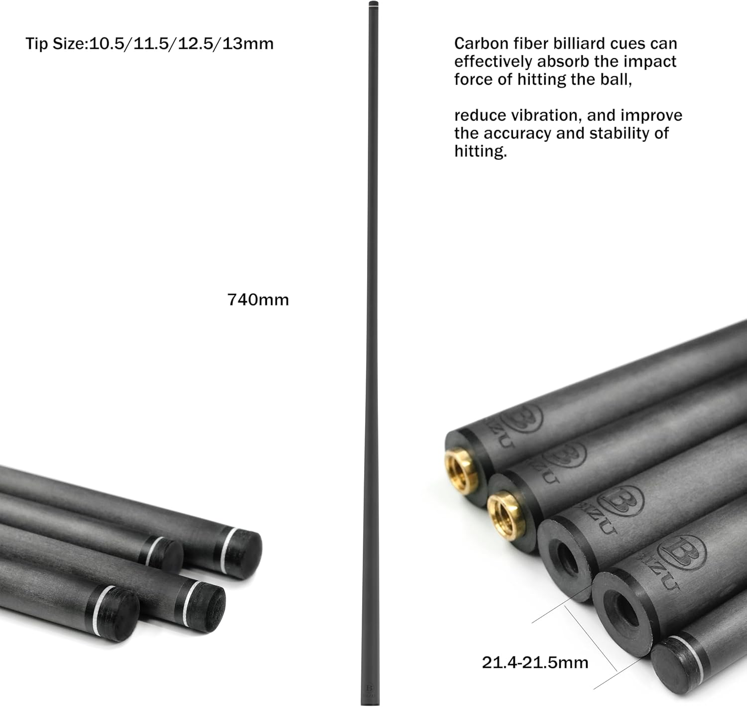 BIZU 29" Carbon Fiber Pool Cue 12.5mm-Single Shaft with Steel Joint 21.4-21.5mm,Low Deflection Pool Billiards Cue Stick Accessories(only Shaft)