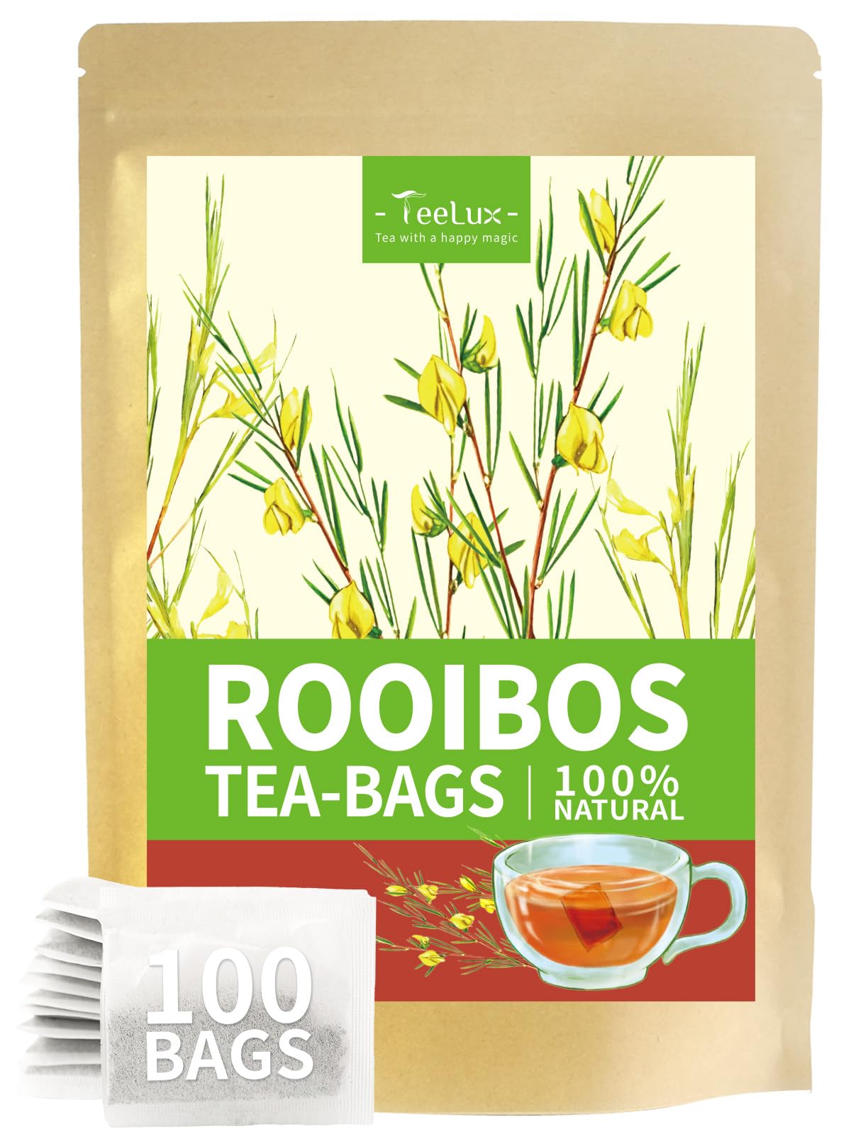 TeeLuxRooibos Tea Bags 100 Count, Vegan, Pure Natural Rooibos Tea, Rich in Antioxidants, Caffeine Free Herbal Tea, Biodegradable Tea Bags
