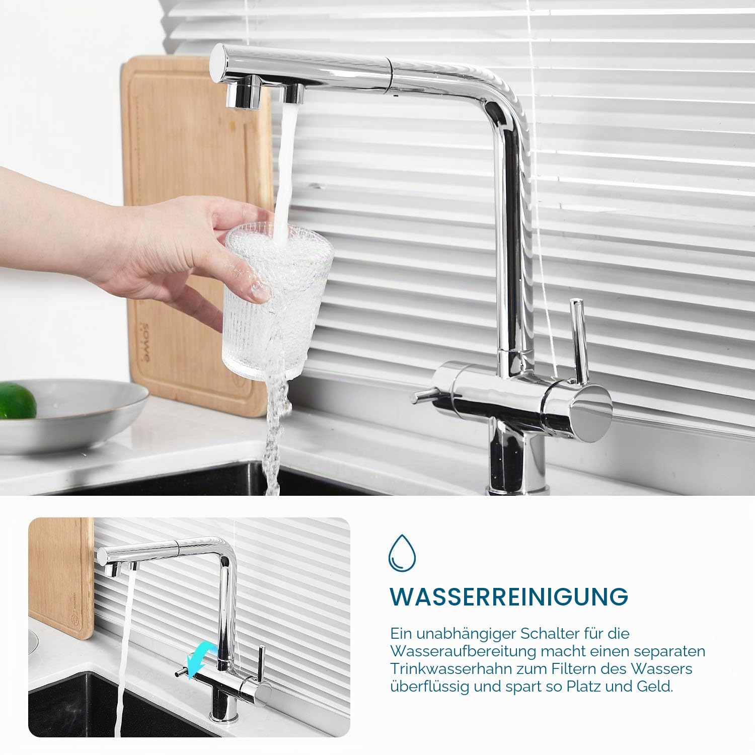 3-Wege-Küchenarmatur, 360° drehbarer Wasserhahn, Mischbatterie für Spüle mit flexiblem Auslauf, Wasserhahn für Küchenspüle für kaltes und warmes Wasser und Filter