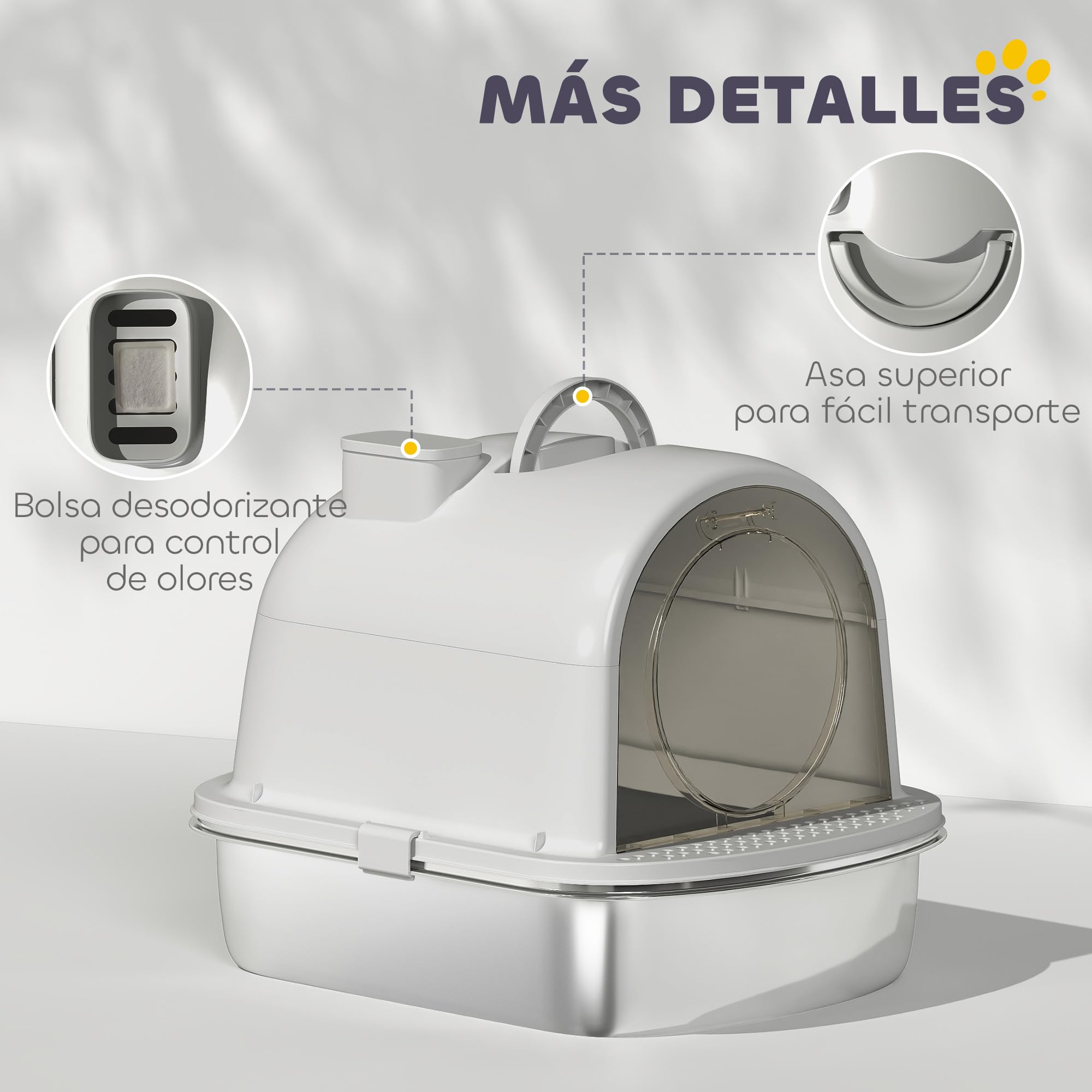 PawHut Arenero Gatos de Acero Inoxidable Cubierto 52,4x41,3x39,9 cm Gris | Caja de Arena para Gatos, Arenero, con Bolsa Desodorizante, Pala, Fácil de Limpiar