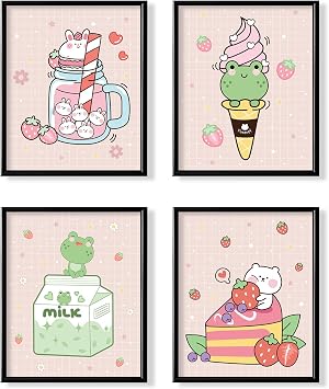 Kawaii Japanese Anime Wall Decor for Dining Room - Pink Cute Kitchen Room Decor - Aesthetic Rabbit Frog Strawberry Poster Print for Teen Girl Bedroom Wall Art - Kids Nursery Gifts - Apartment Pictures