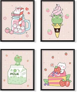 Kawaii Japanese Anime Wall Decor for Dining Room - Pink Cute Kitchen Room Decor - Aesthetic Rabbit Frog Strawberry Poster Print for Teen Girl Bedroom Wall Art - Kids Nursery Gifts - Apartment Pictures