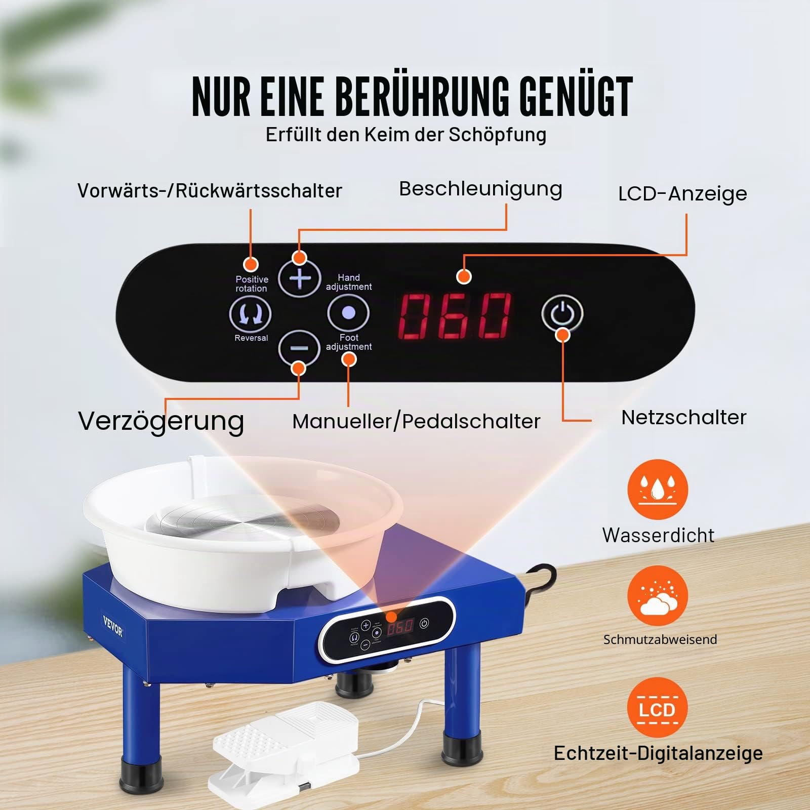 VEVOR Töpferscheibe Keramik Rad Maschine 350 W, Elektrische Töpferscheibe Maschine 25 cm 300 U/min Töpferscheibenmaschine, mit Pedal & Schürze Formmaschine, Geeignet für Anfänger, Enthusiasten