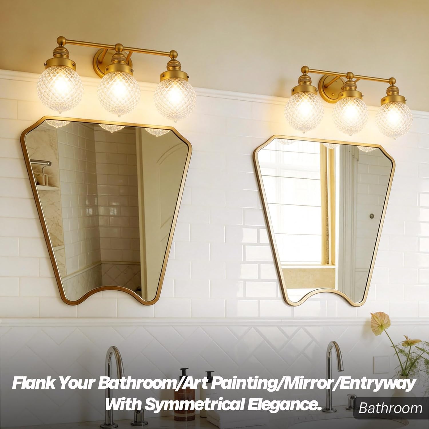 3-Light Bathroom Vanity Lights, Vintage & Modern Wall Sconces with Hand-Blown Globe Glass Gold Brass Antique Hardwired Wall Sconce Lighting for Bathroom Mirror Living Room Kitchen E26