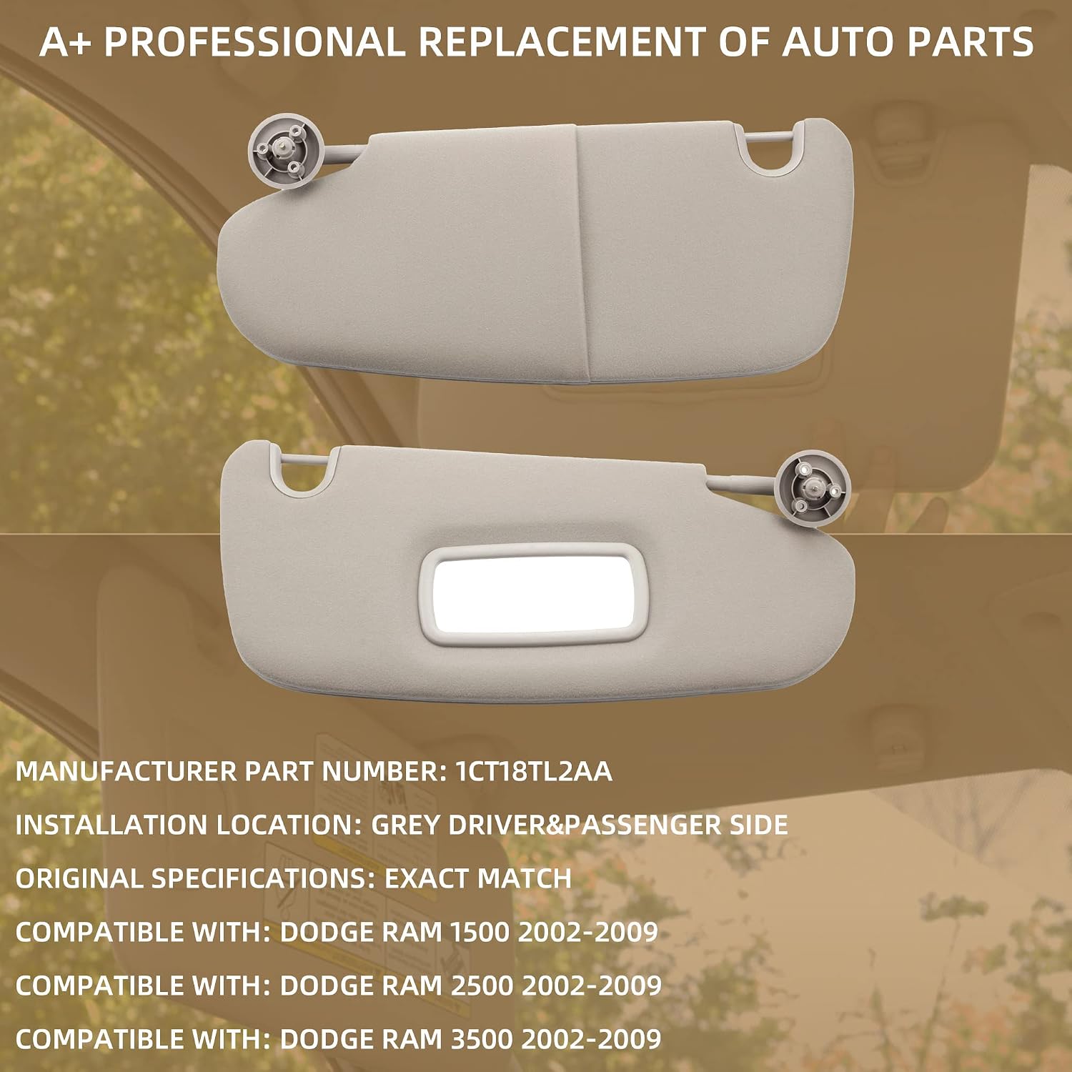 Dasbecan Gray Pair Car Sun Visor Compatible with Dodge Ram 1500 2500 3500 2002 2003 2004 2005 2006 2007 2008 2009 Replaces# 1CT18TL2AA 1CT11TL2AA