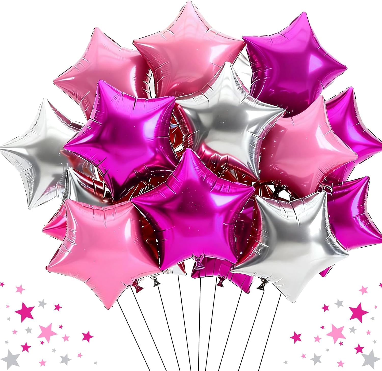 DecoGlee 15Pcs 18 Inch Large Hot Pink Silver Pink Star Shape Foil Balloons Big Stars Helium Mylar Ballons for Birthday Wedding Bridal Shower Anniversary Engagement Party Decorations Supplies