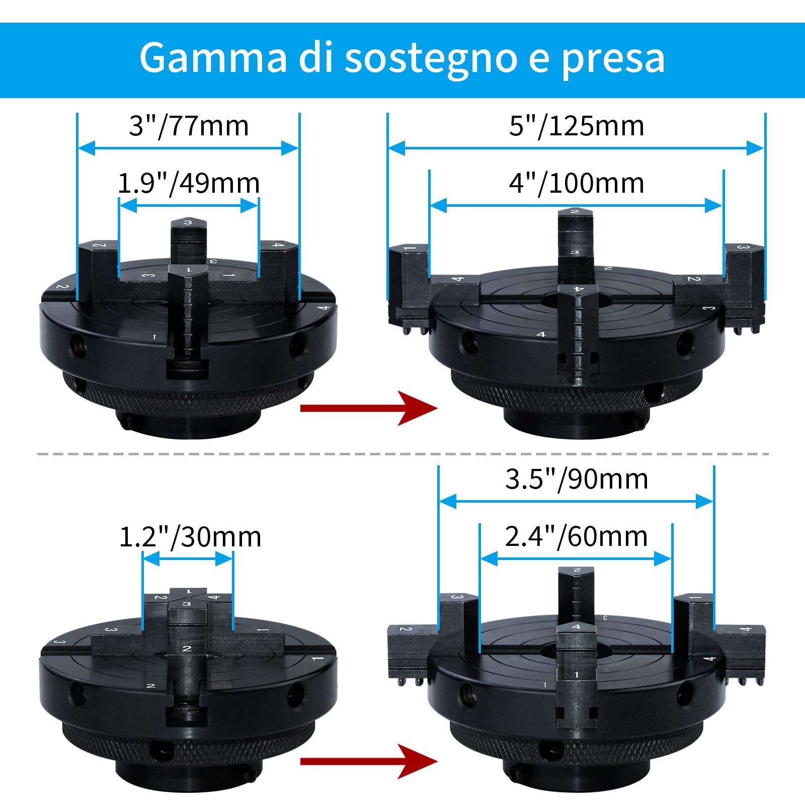 Mandrino per Tornio Professionale in Metallo Dimensioni 100mm Mandrino per Tornio a 4 Ganasce M18X2.5 per Legno