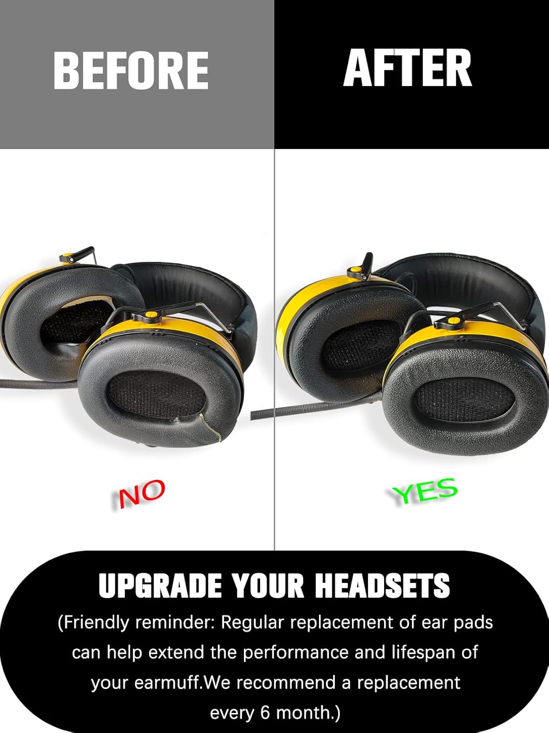Image showing a 'Before' and 'After' comparison of ear pads on a headset, highlighting the improved appearance and comfort with new pads. Text emphasizes regular replacement for performance and lifespan.
