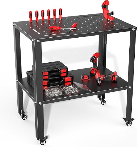 TORACK Rolling Metal Workbench 32x20.5 Inch Heavy-Duty Steel Work Table with Perforated Top and Locking Casters TORACK Rolling Metal Workbench 32x20.5 Inch Heavy-Duty Steel Work Table with Perforated Top and Locking Casters