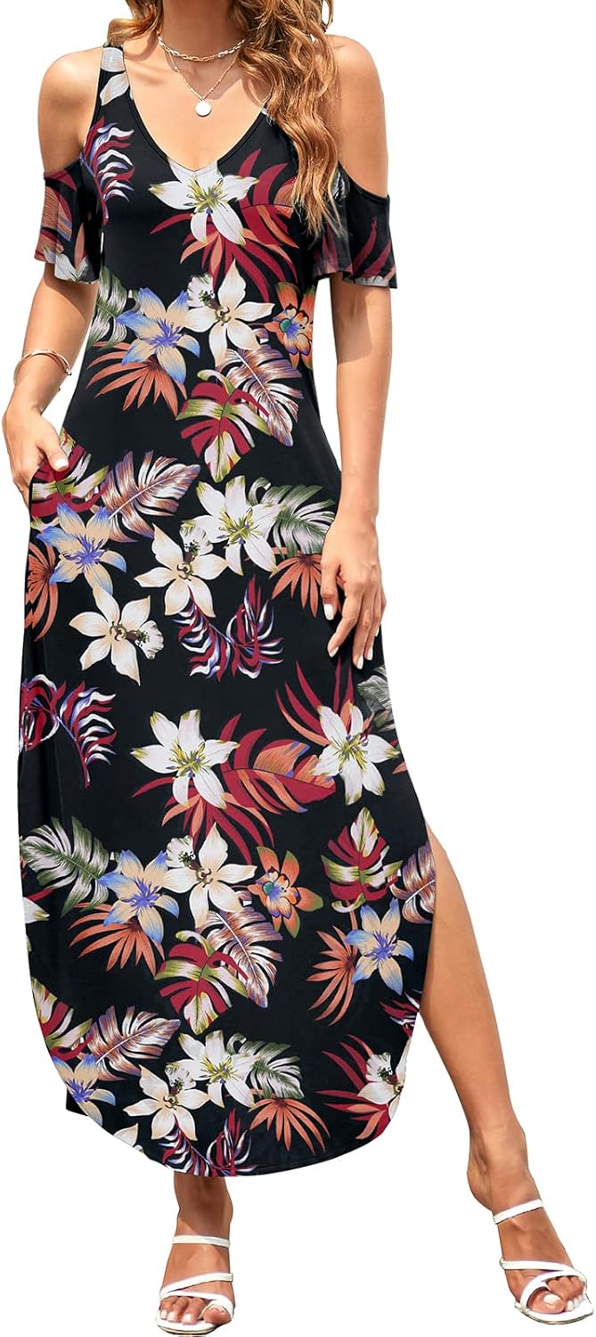 Long summer dress with V-neck, cold shoulder, and pockets.